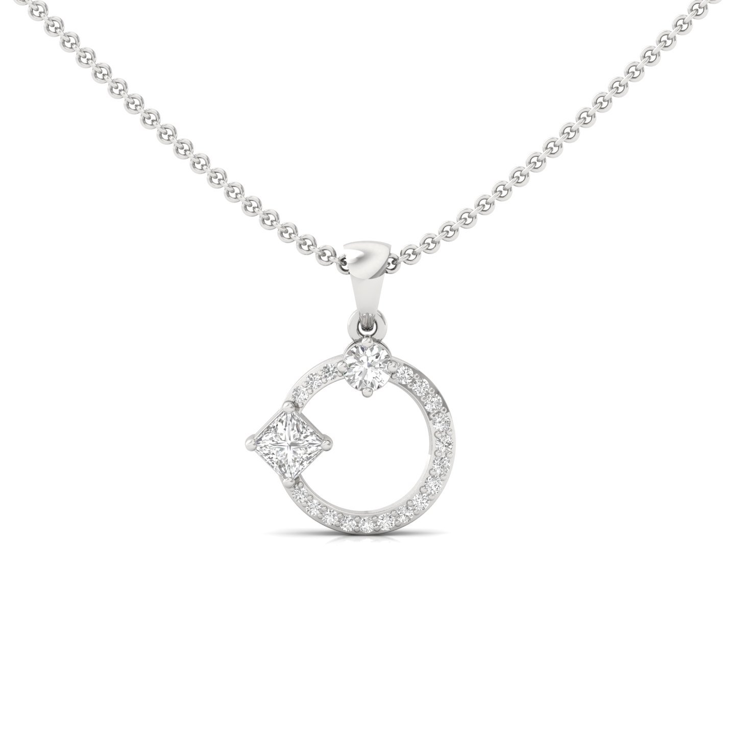 Princess & Round Diamond Pendant | Modern Halo Lab Grown CVD Diamond Necklace (Without Chain) | 925 Silver | 10K | 14K | 18K - Main View