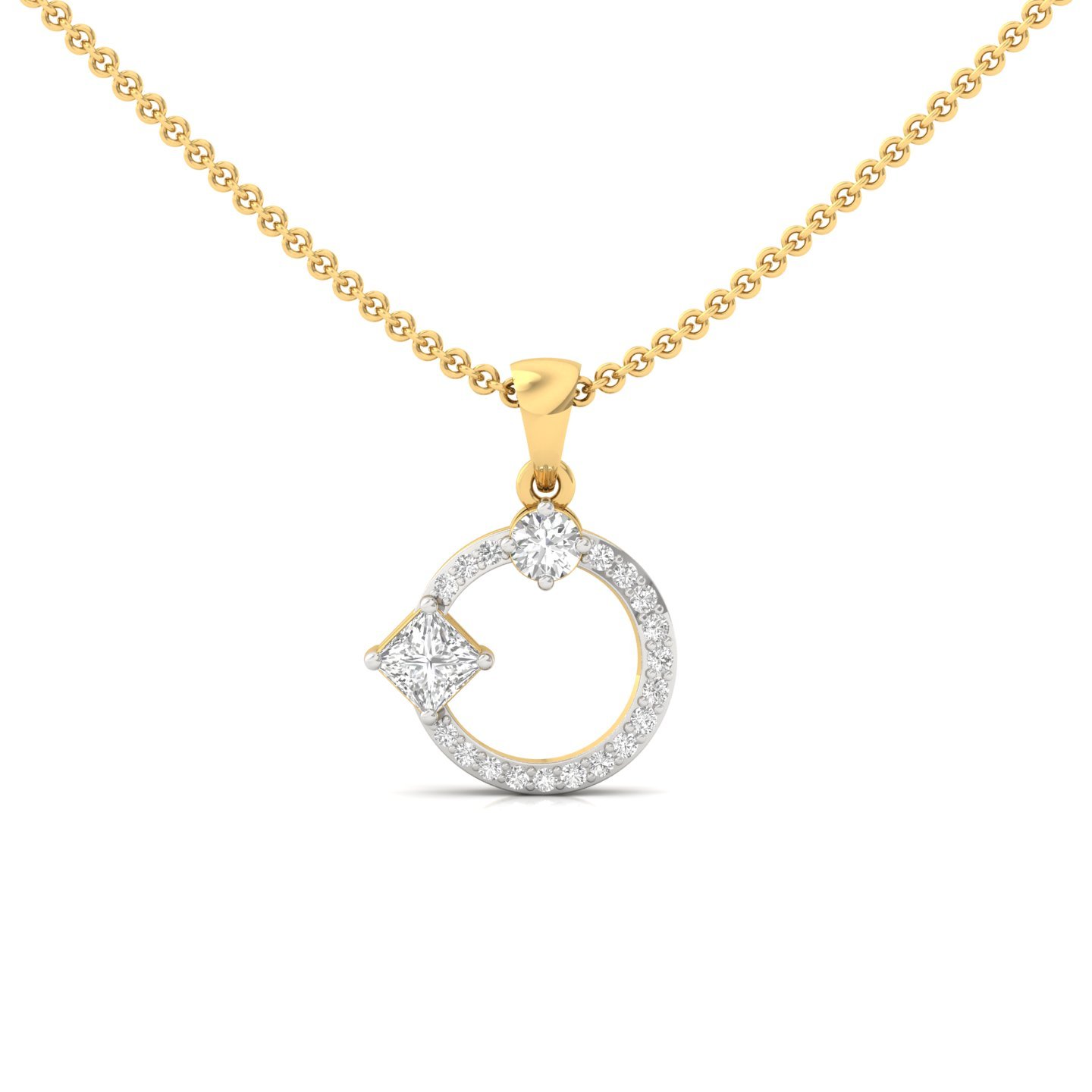 Princess & Round Diamond Pendant | Modern Halo Lab Grown CVD Diamond Necklace (Without Chain) | 925 Silver | 10K | 14K | 18K - Gold Main View