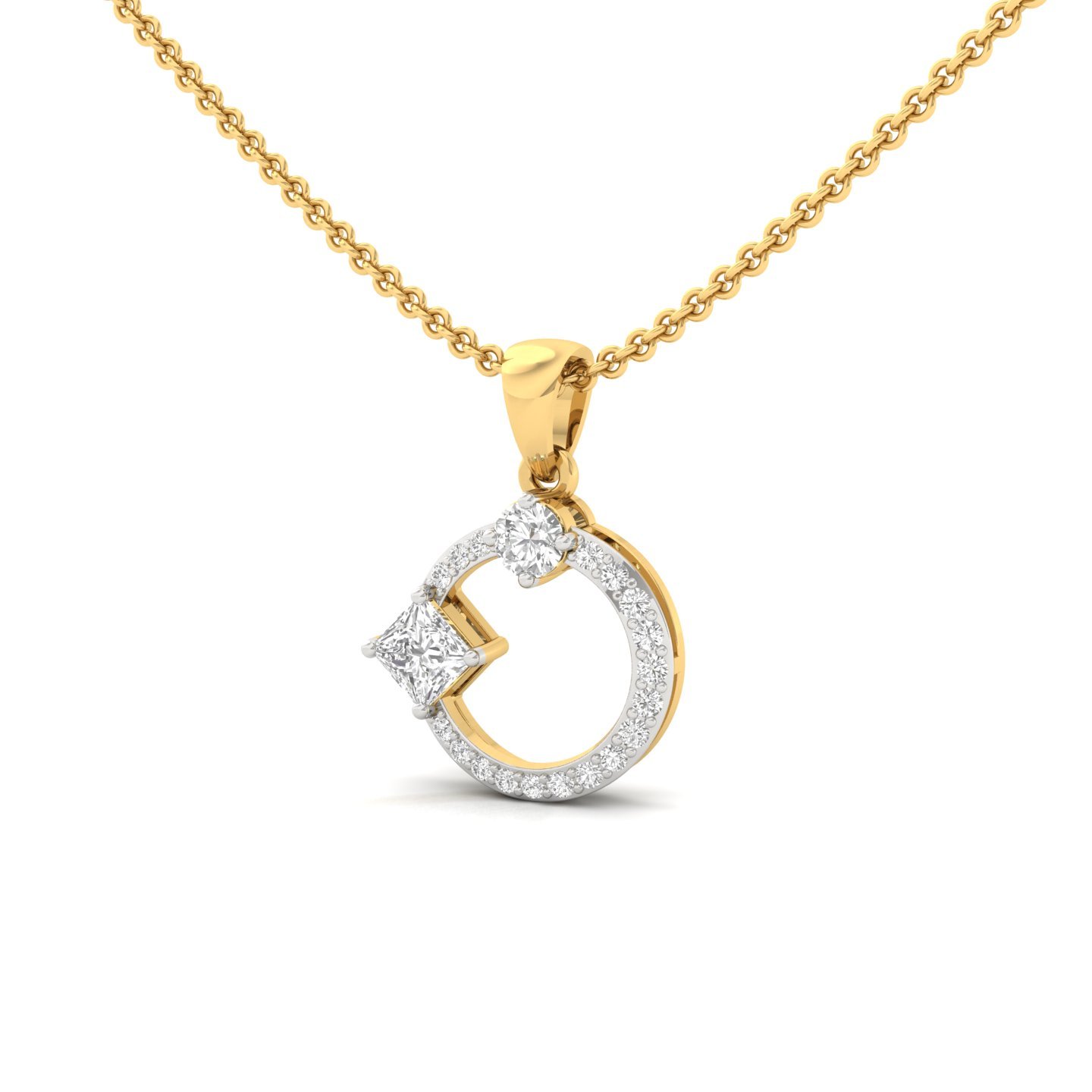 Princess & Round Diamond Pendant | Modern Halo Lab Grown CVD Diamond Necklace (Without Chain) | 925 Silver | 10K | 14K | 18K - View 2