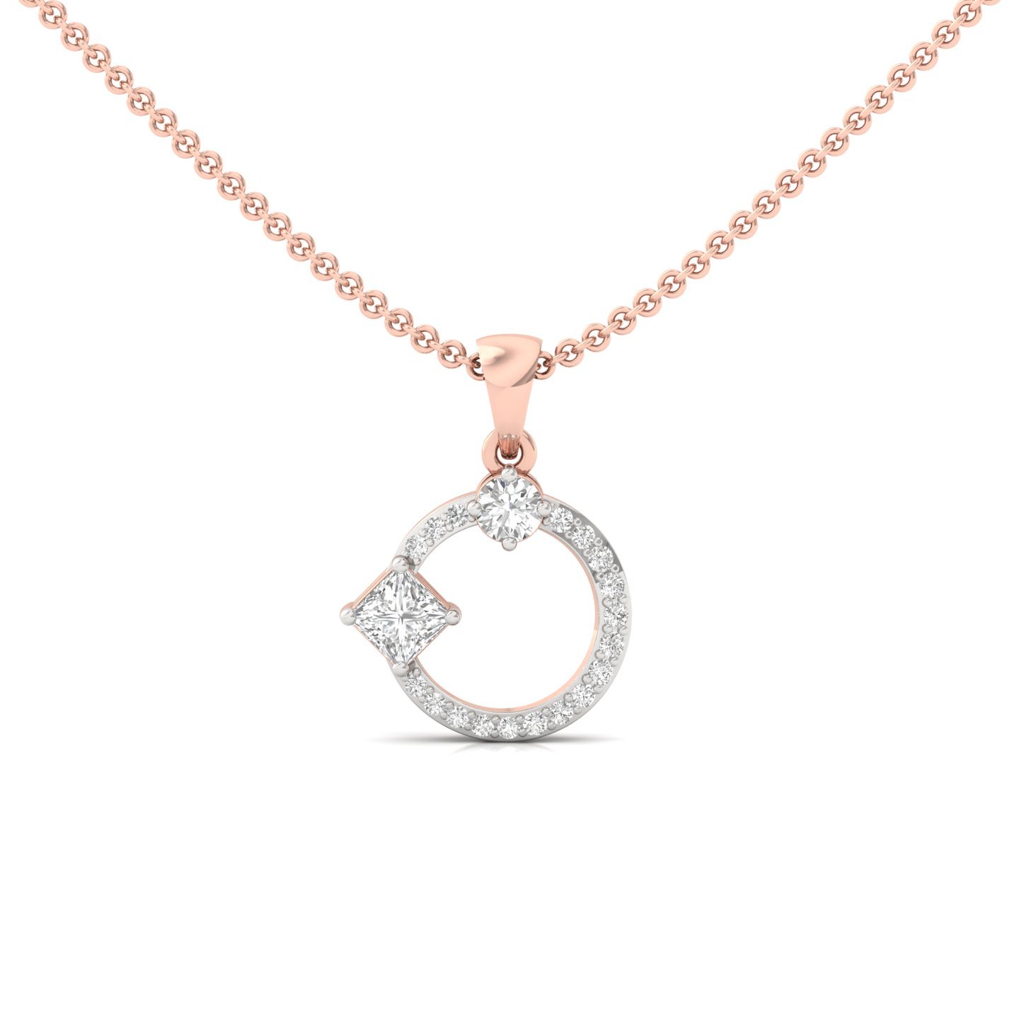Princess & Round Diamond Pendant | Modern Halo Lab Grown CVD Diamond Necklace (Without Chain) | 925 Silver | 10K | 14K | 18K - Rose Gold Main View