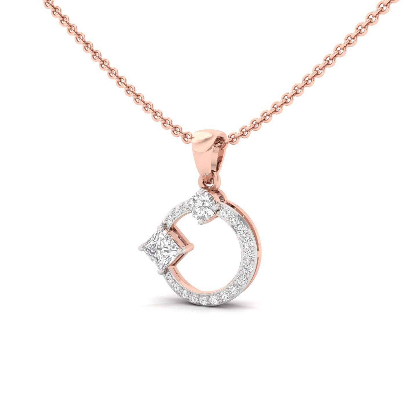 Princess & Round Diamond Pendant | Modern Halo Lab Grown CVD Diamond Necklace (Without Chain) | 925 Silver | 10K | 14K | 18K - View 2