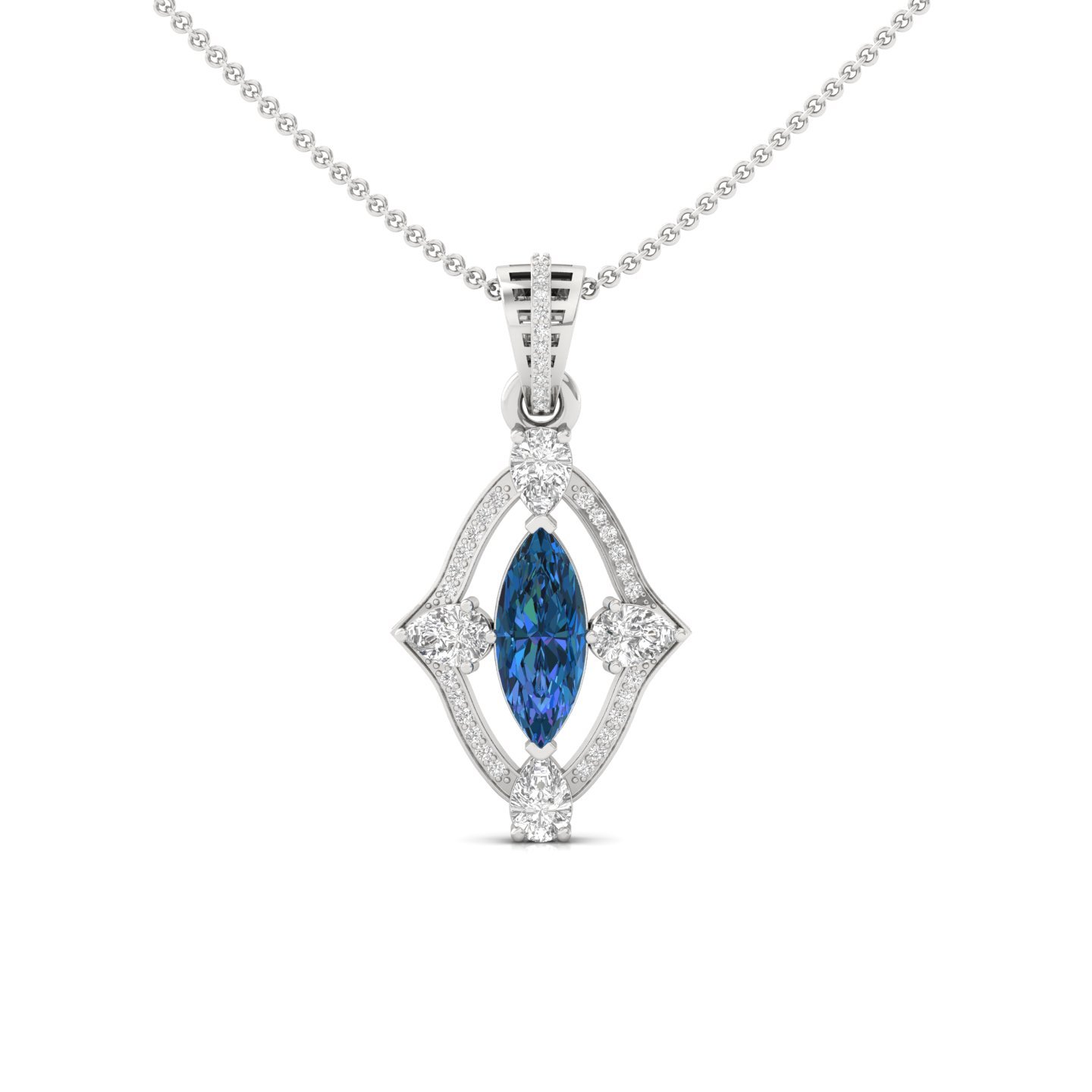 Marquise Blue Sapphire & Diamond Pendant | Elegant Lab Grown CVD Diamond Halo Necklace (Without Chain) | 925 Silver | 10K | 14K | 18K - Main View