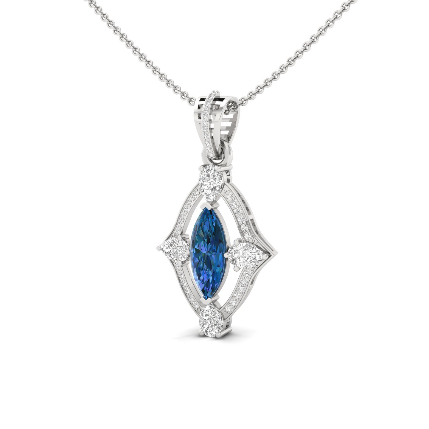 Marquise Blue Sapphire & Diamond Pendant | Elegant Lab Grown CVD Diamond Halo Necklace (Without Chain) | 925 Silver | 10K | 14K | 18K - View 2
