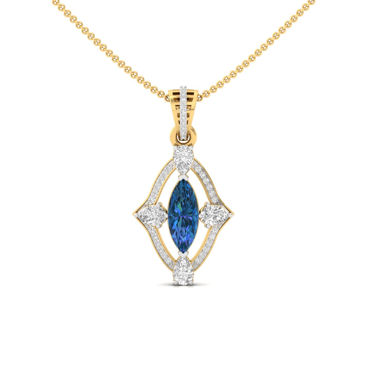 Marquise Blue Sapphire & Diamond Pendant | Elegant Lab Grown CVD Diamond Halo Necklace (Without Chain) | 925 Silver | 10K | 14K | 18K - Gold Main View