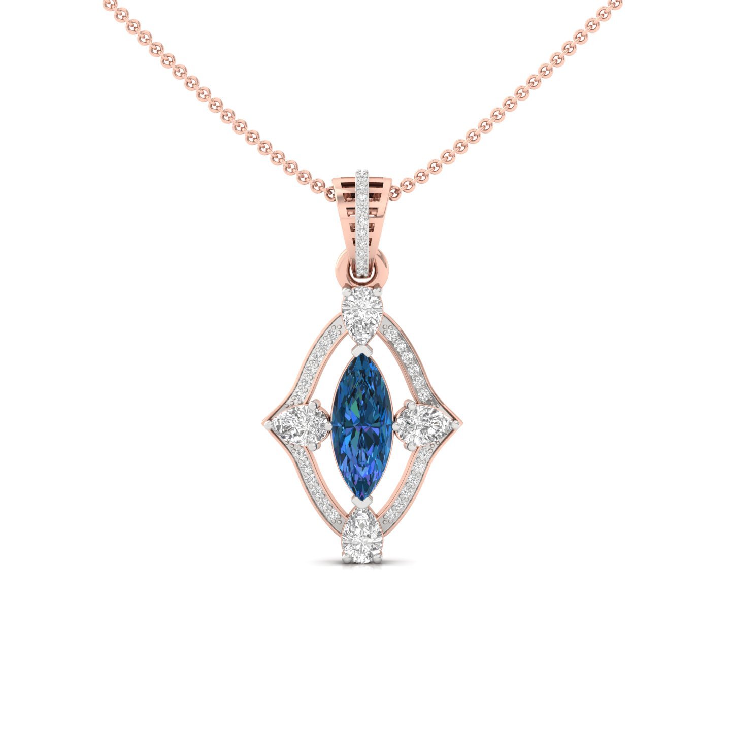 Marquise Blue Sapphire & Diamond Pendant | Elegant Lab Grown CVD Diamond Halo Necklace (Without Chain) | 925 Silver | 10K | 14K | 18K - Rose Gold Main View
