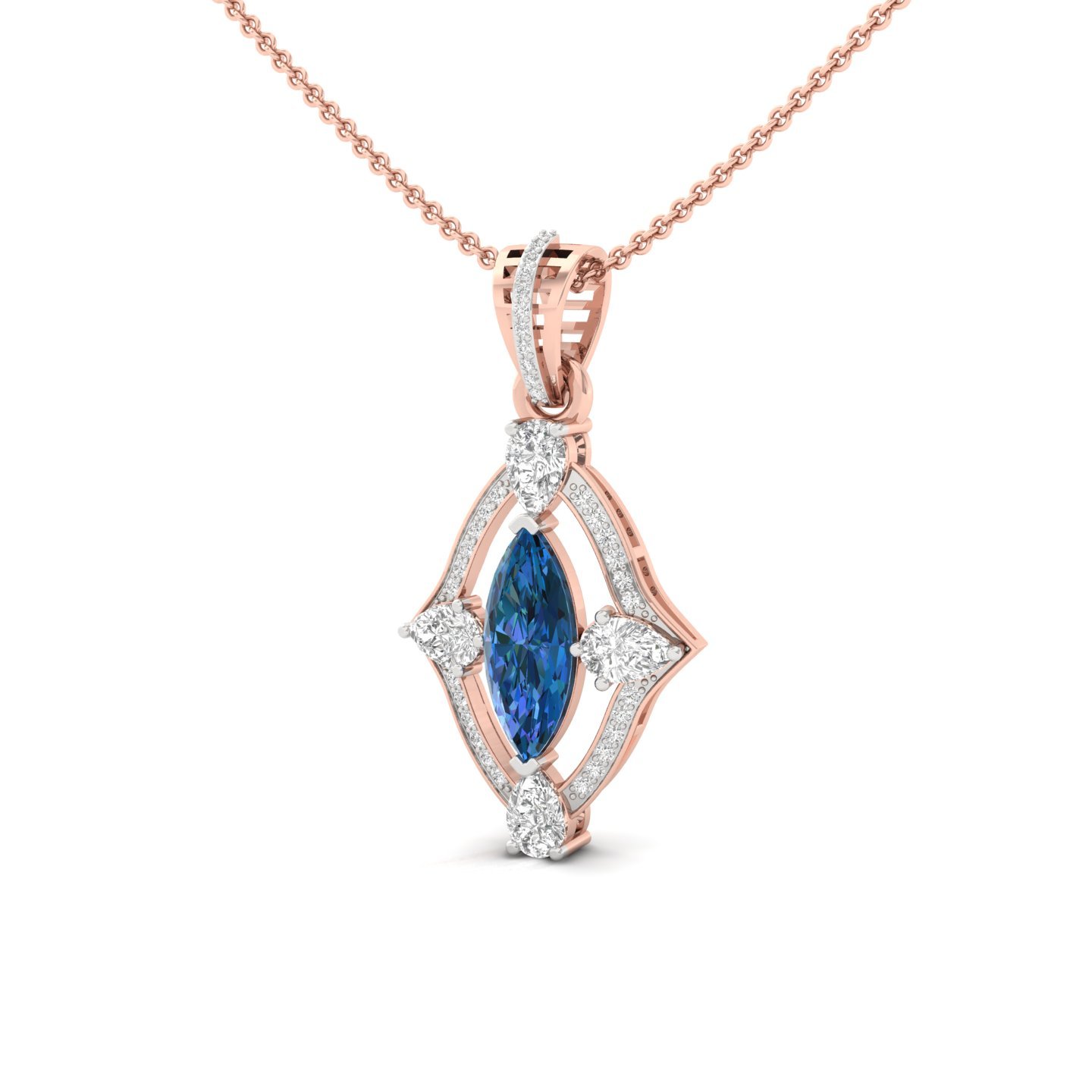 Marquise Blue Sapphire & Diamond Pendant | Elegant Lab Grown CVD Diamond Halo Necklace (Without Chain) | 925 Silver | 10K | 14K | 18K - View 2