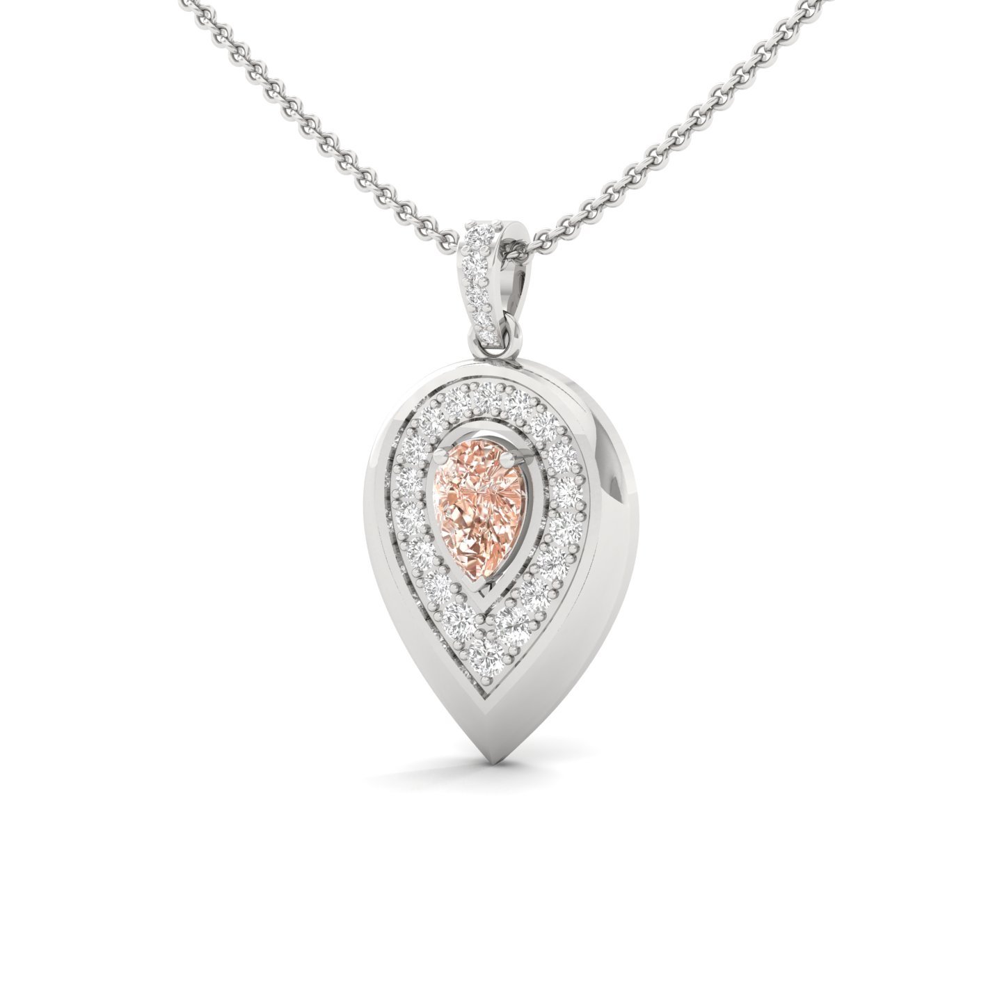 Pear Cut Peach Sapphire & Diamond Pendant | Halo Lab Grown CVD Diamond Necklace (Without Chain) | 925 Silver | 10K | 14K | 18K - View 2