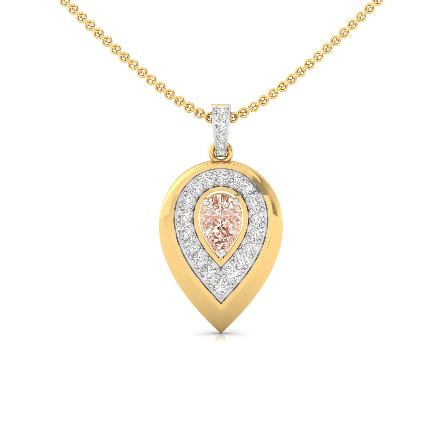 Pear Cut Peach Sapphire & Diamond Pendant | Halo Lab Grown CVD Diamond Necklace (Without Chain) | 925 Silver | 10K | 14K | 18K - Gold Main View