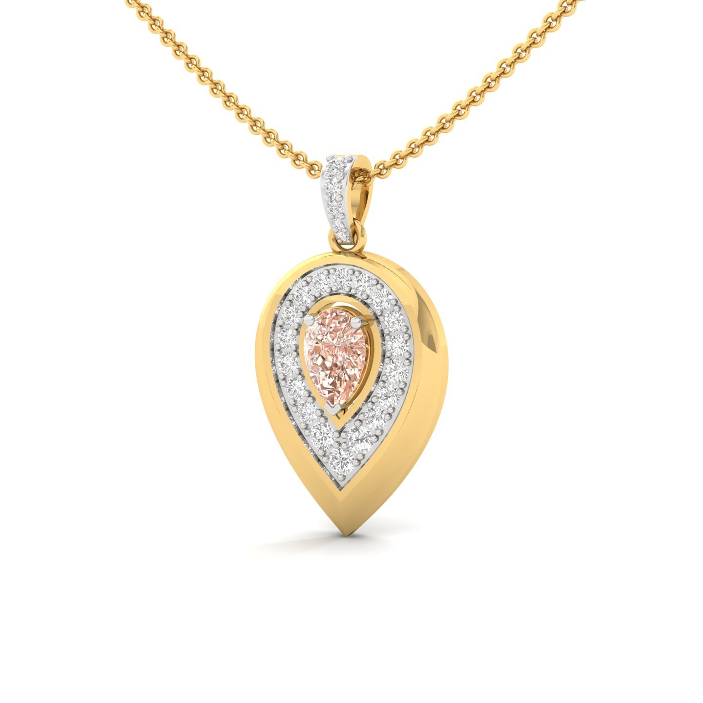 Pear Cut Peach Sapphire & Diamond Pendant | Halo Lab Grown CVD Diamond Necklace (Without Chain) | 925 Silver | 10K | 14K | 18K - View 2