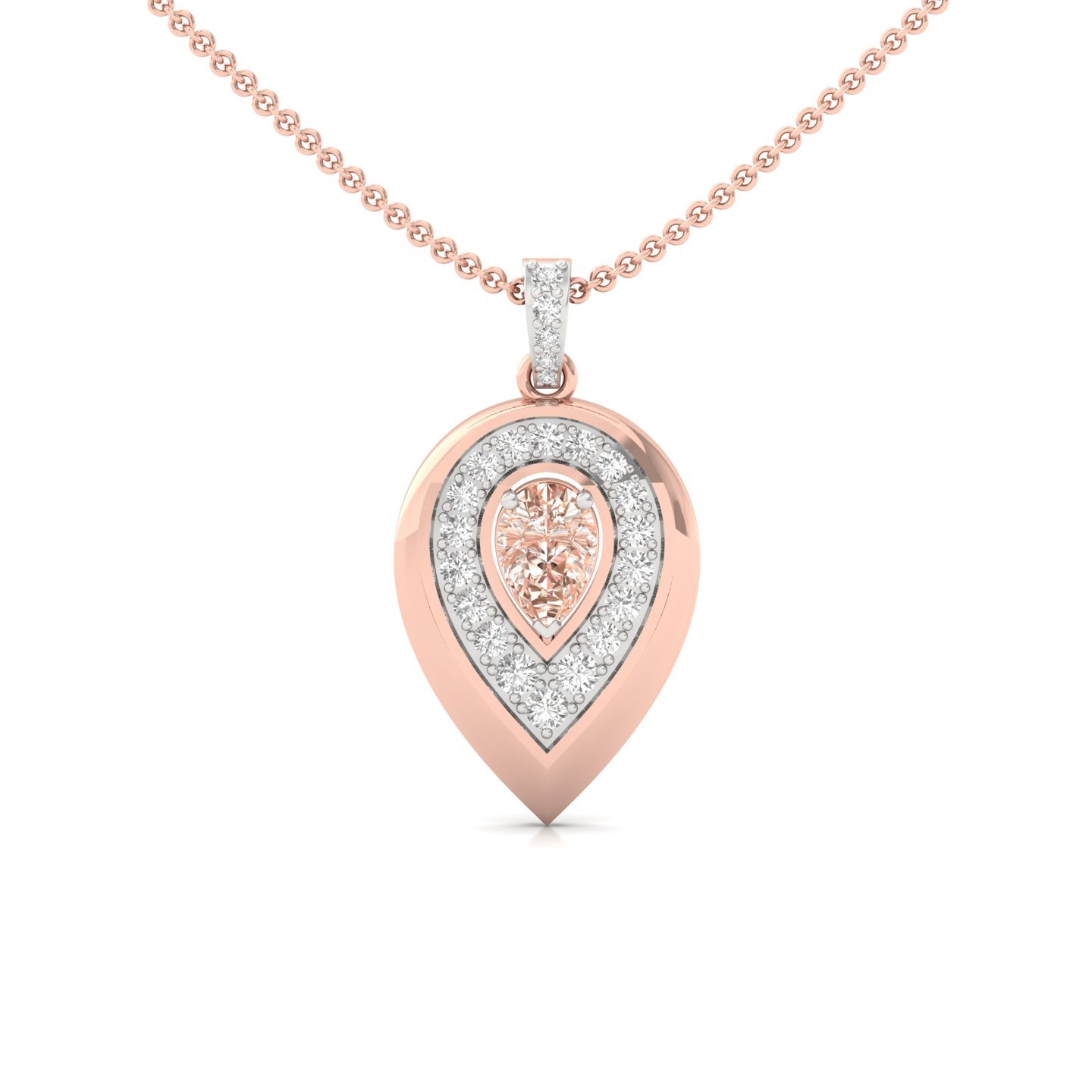 Pear Cut Peach Sapphire & Diamond Pendant | Halo Lab Grown CVD Diamond Necklace (Without Chain) | 925 Silver | 10K | 14K | 18K - Rose Gold Main View
