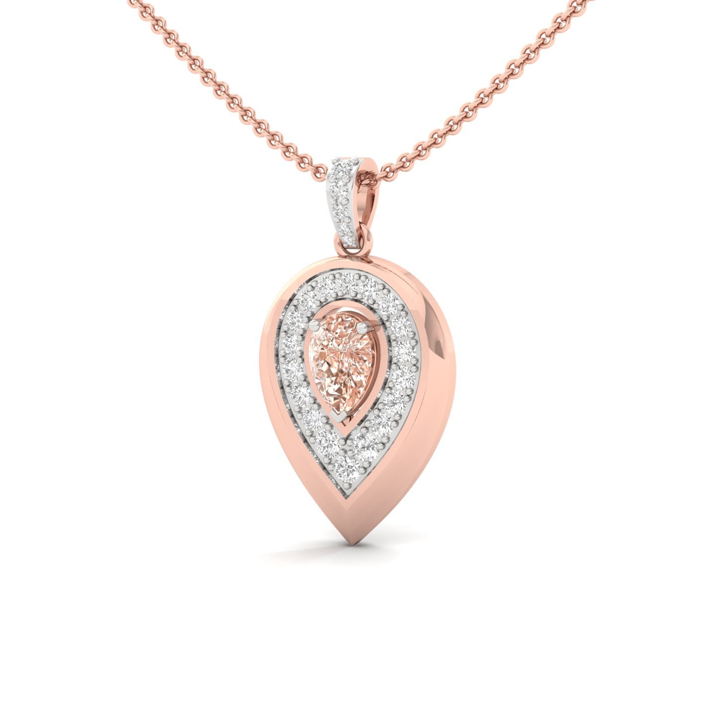 Pear Cut Peach Sapphire & Diamond Pendant | Halo Lab Grown CVD Diamond Necklace (Without Chain) | 925 Silver | 10K | 14K | 18K - View 2
