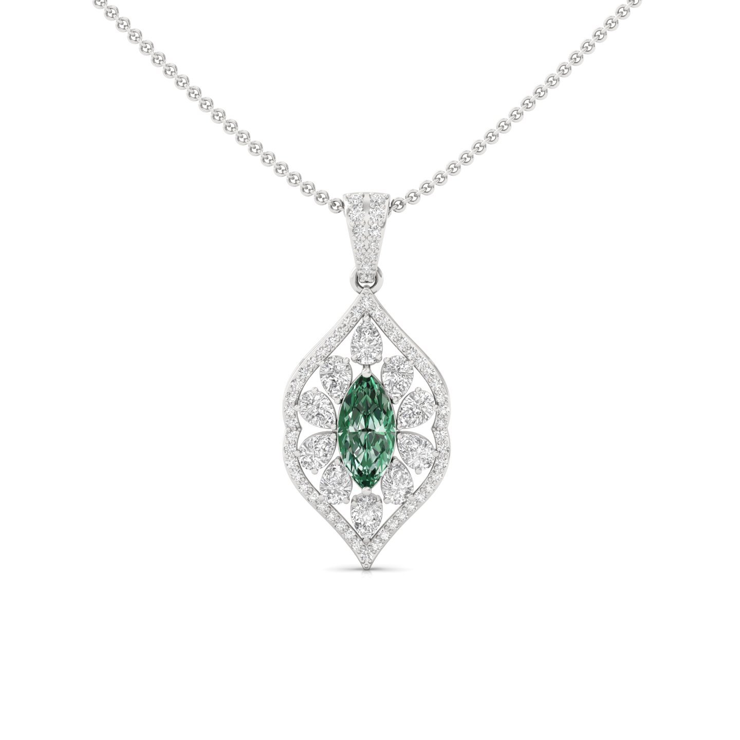 Marquise Cut Green Emerald & Diamond Pendant | Floral Lab Grown CVD Diamond Necklace (Without Chain) | 925 Silver | 10K | 14K | 18K - Main View