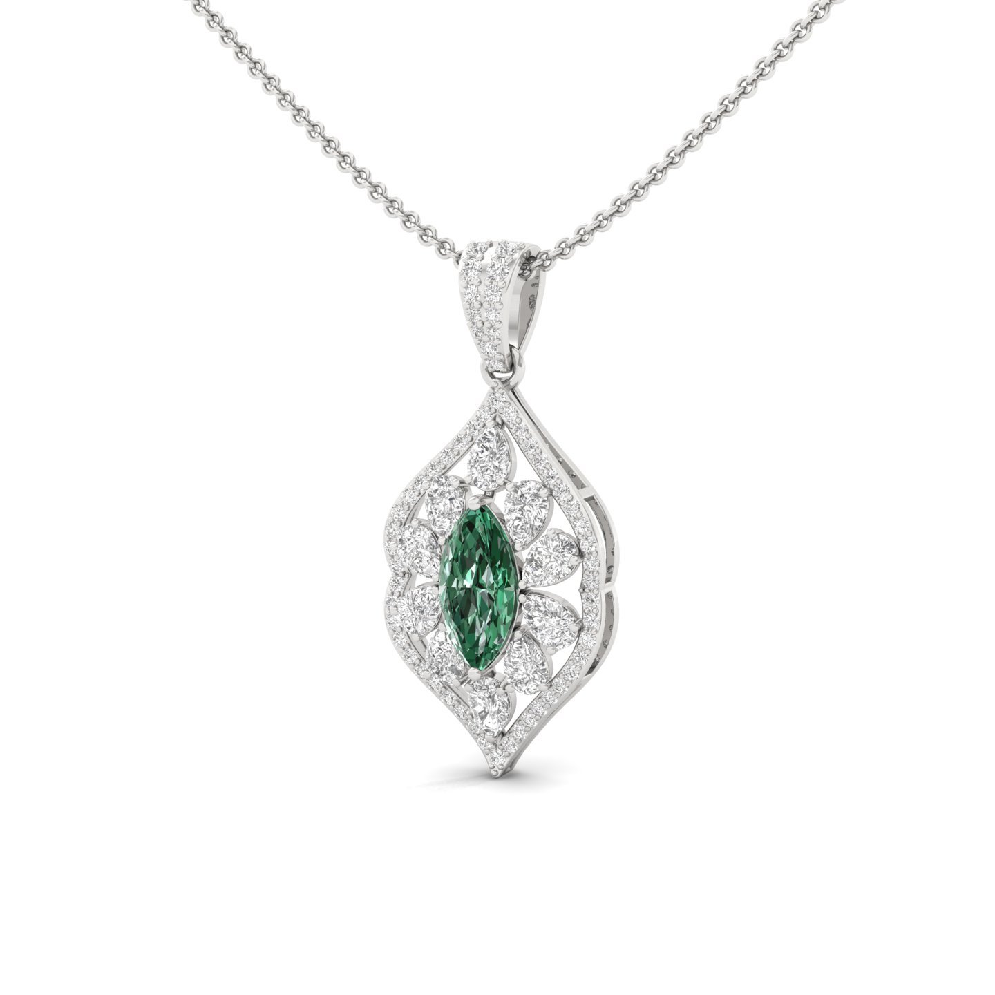Marquise Cut Green Emerald & Diamond Pendant | Floral Lab Grown CVD Diamond Necklace (Without Chain) | 925 Silver | 10K | 14K | 18K - View 2