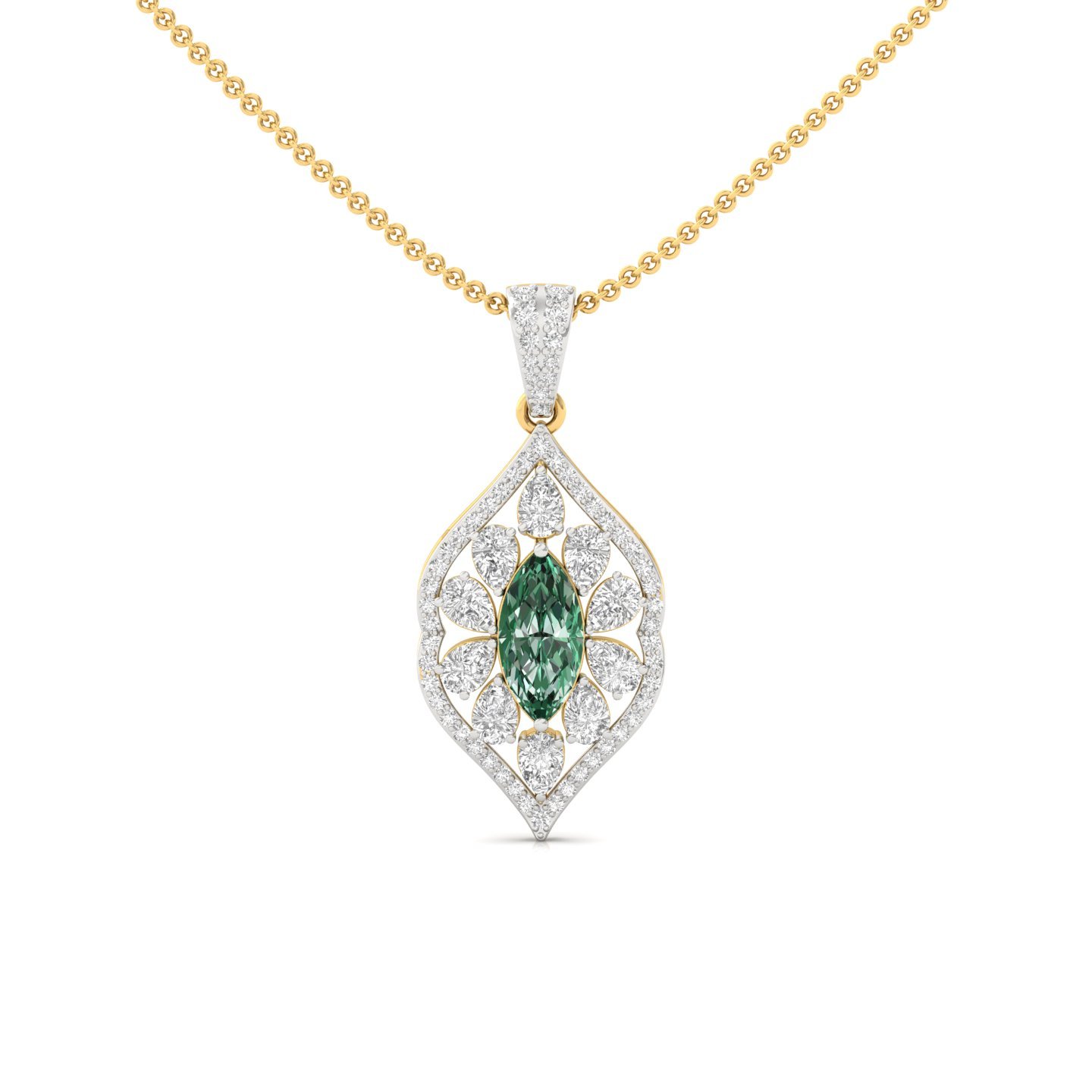 Marquise Cut Green Emerald & Diamond Pendant | Floral Lab Grown CVD Diamond Necklace (Without Chain) | 925 Silver | 10K | 14K | 18K - Gold Main View
