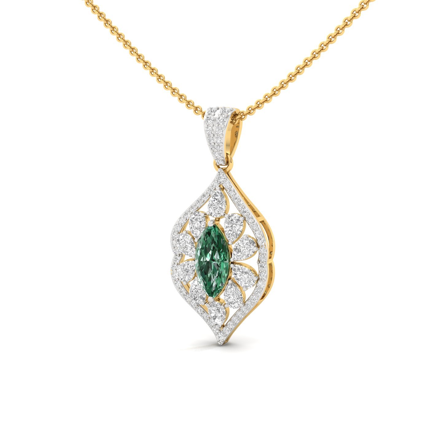 Marquise Cut Green Emerald & Diamond Pendant | Floral Lab Grown CVD Diamond Necklace (Without Chain) | 925 Silver | 10K | 14K | 18K - View 2