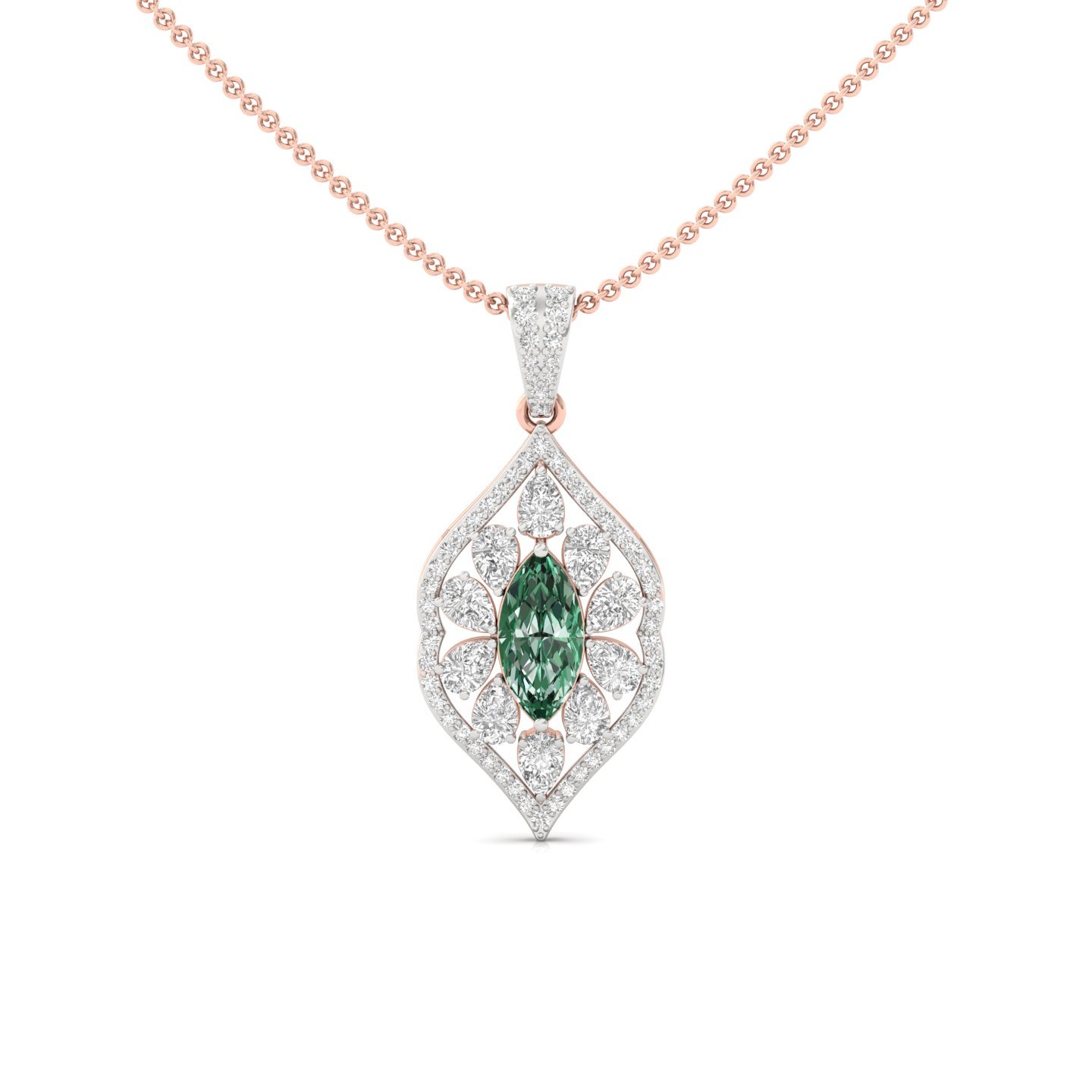 Marquise Cut Green Emerald & Diamond Pendant | Floral Lab Grown CVD Diamond Necklace (Without Chain) | 925 Silver | 10K | 14K | 18K - Rose Gold Main View