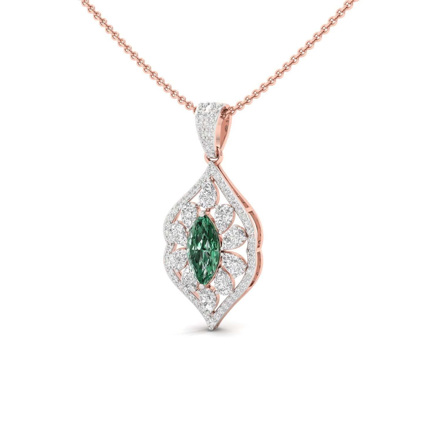 Marquise Cut Green Emerald & Diamond Pendant | Floral Lab Grown CVD Diamond Necklace (Without Chain) | 925 Silver | 10K | 14K | 18K - View 2