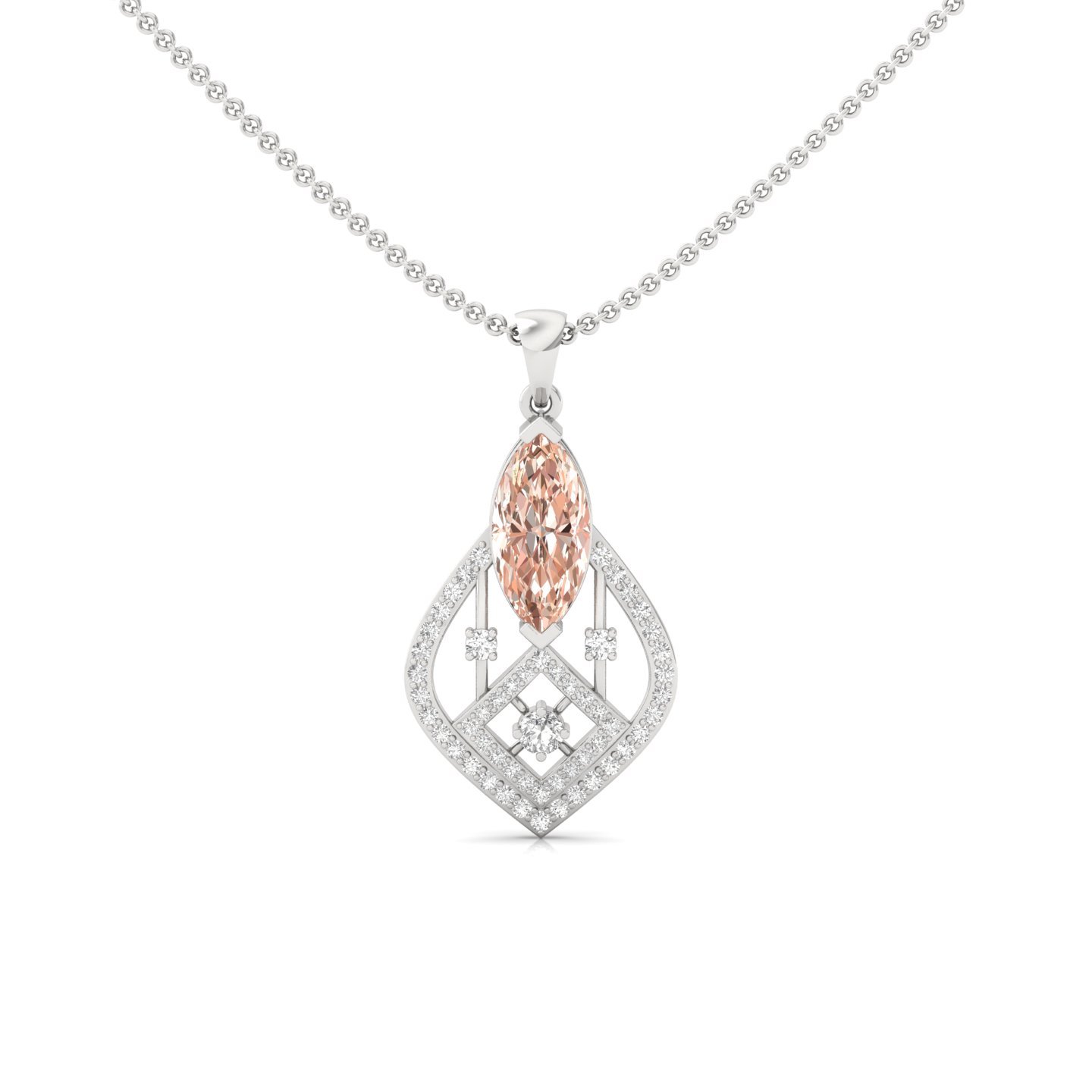 Marquise Cut Peach Sapphire & Diamond Pendant | Geometric Lab Grown CVD Diamond Necklace (Without Chain) | 925 Silver | 10K | 14K | 18K - Main View