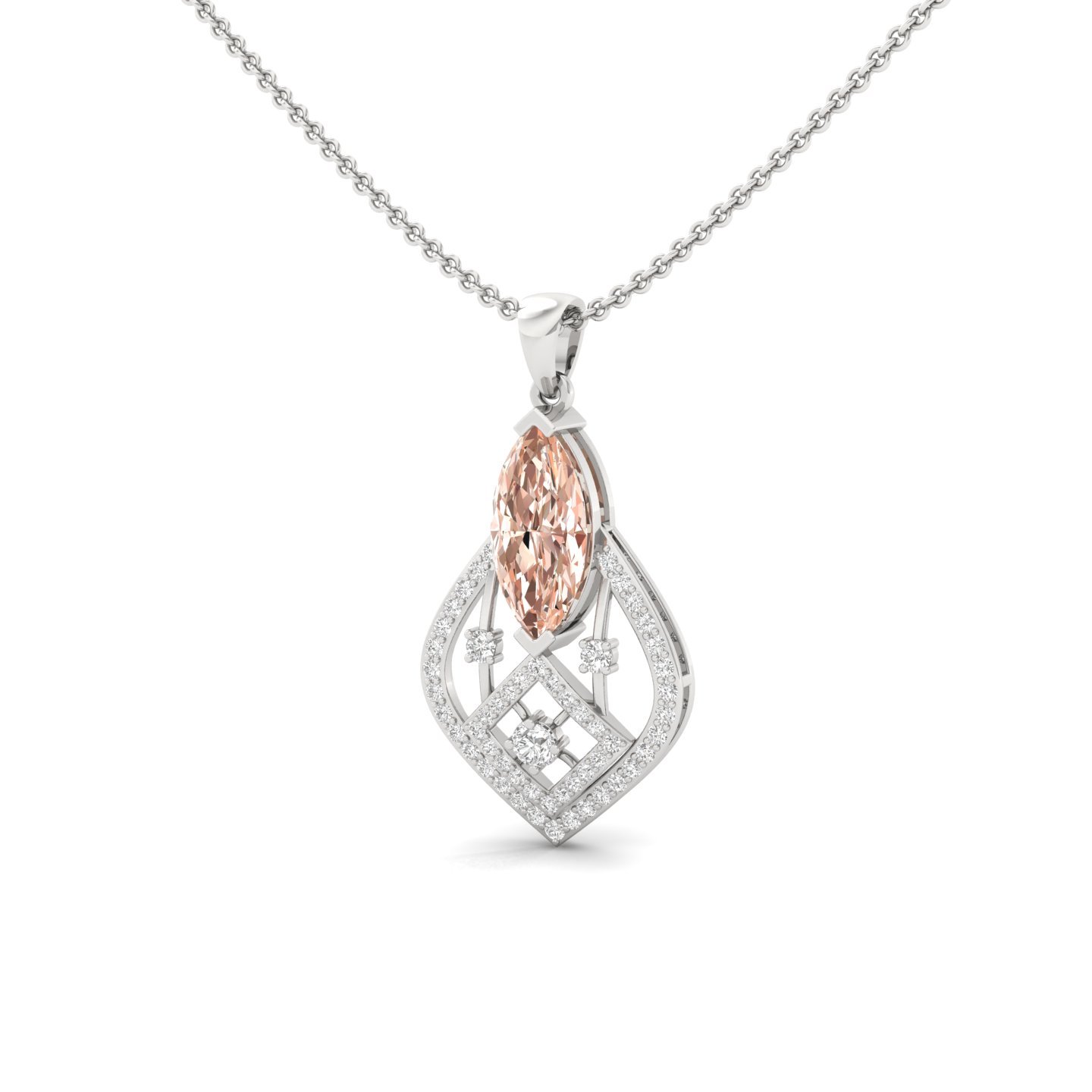 Marquise Cut Peach Sapphire & Diamond Pendant | Geometric Lab Grown CVD Diamond Necklace (Without Chain) | 925 Silver | 10K | 14K | 18K - View 2