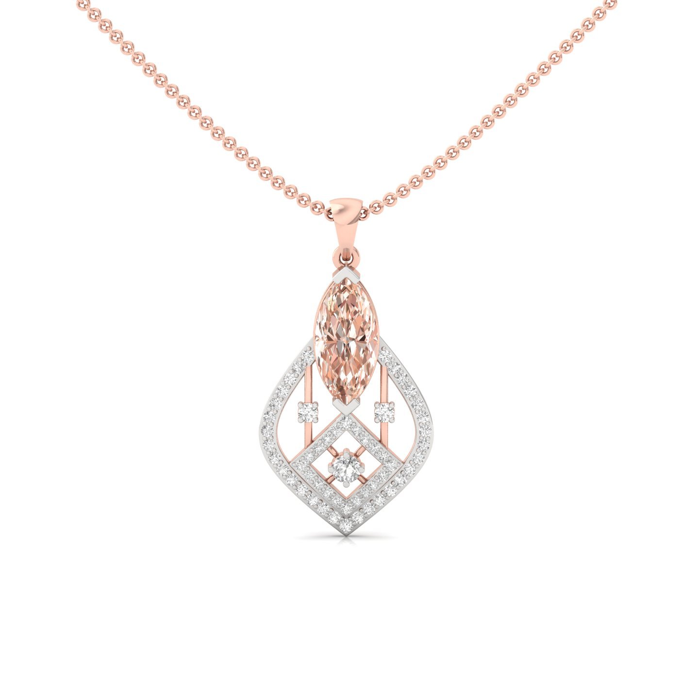 Marquise Cut Peach Sapphire & Diamond Pendant | Geometric Lab Grown CVD Diamond Necklace (Without Chain) | 925 Silver | 10K | 14K | 18K - Rose Gold Main View