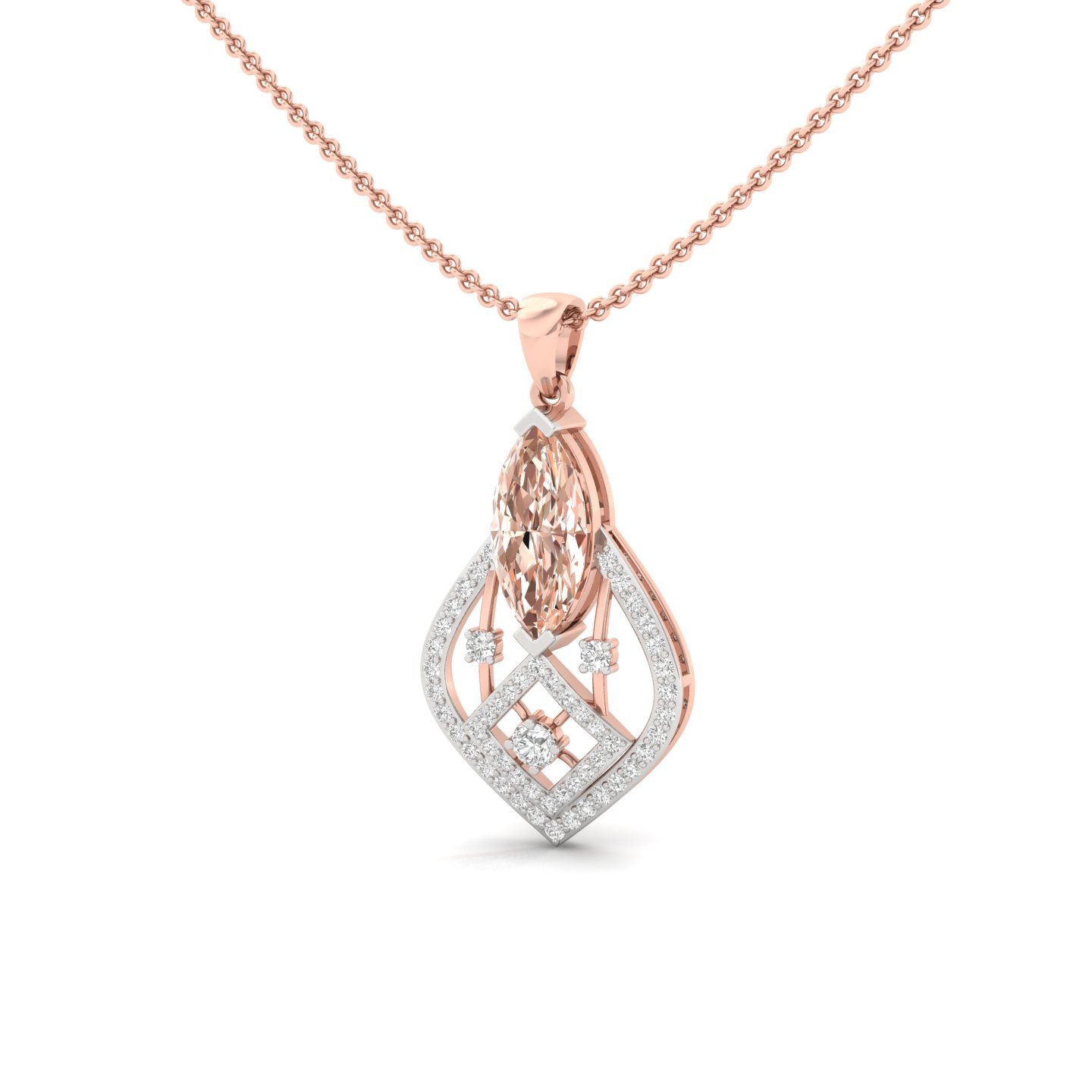 Marquise Cut Peach Sapphire & Diamond Pendant | Geometric Lab Grown CVD Diamond Necklace (Without Chain) | 925 Silver | 10K | 14K | 18K - View 2
