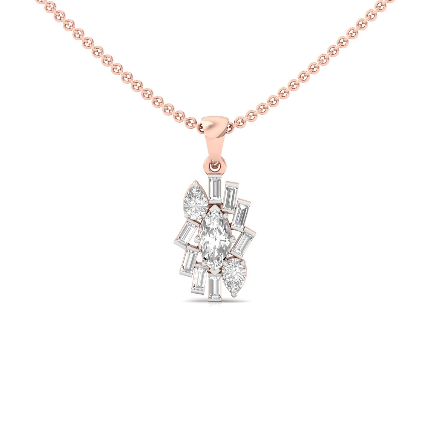 Marquise, Pear & Baguette Diamond Pendant | Multi-Cut Designer Lab Grown Diamond Necklace (Without Chain) | 925 Silver | 10K | 14K | 18K - Rose Gold Main View