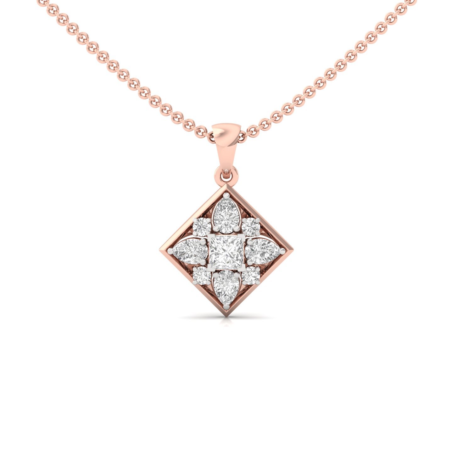 Princess & Pear Diamond Pendant | Geometric Cluster Lab Grown Diamond Necklace (Without Chain) | 925 Silver | 10K | 14K | 18K - Rose Gold Main View