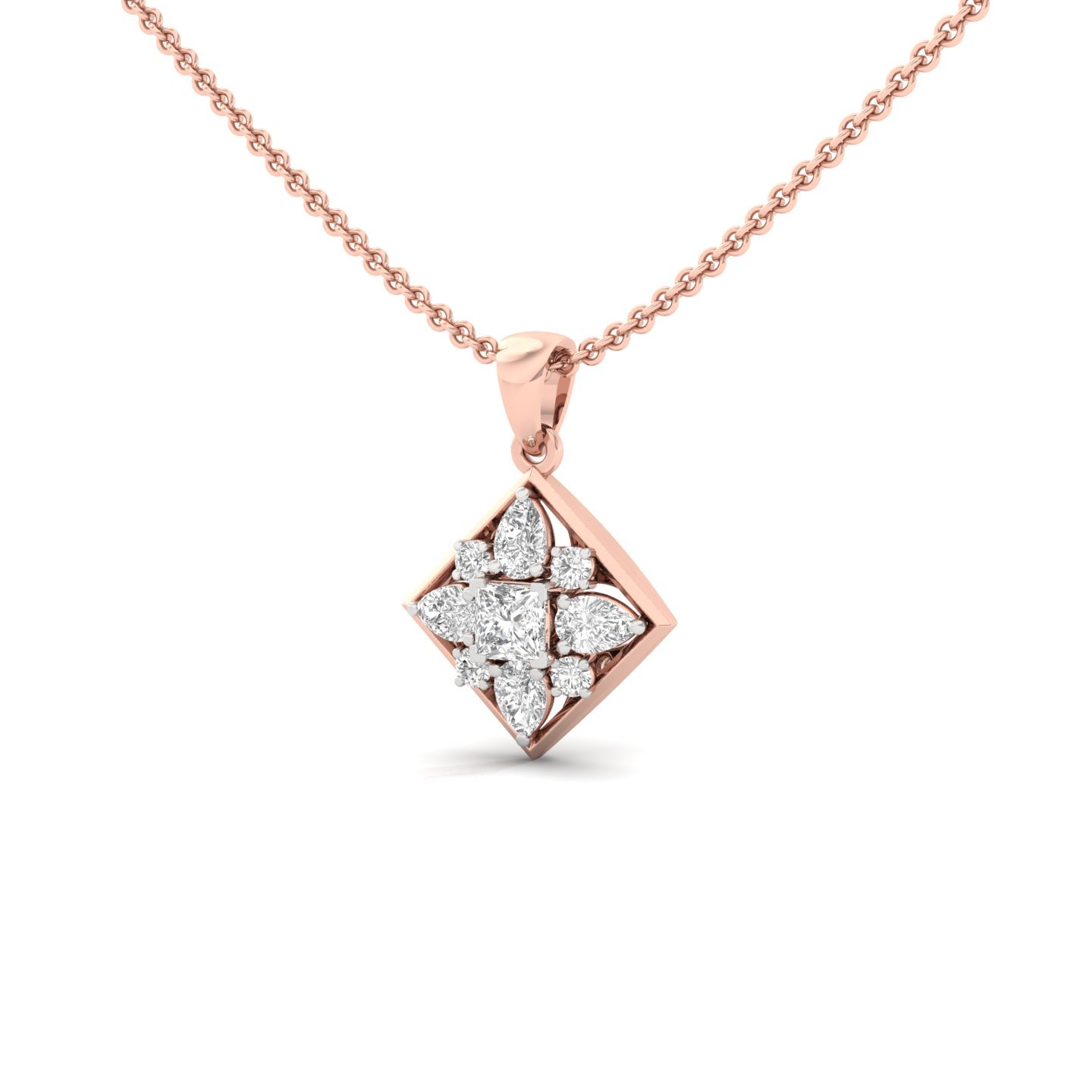 Princess & Pear Diamond Pendant | Geometric Cluster Lab Grown Diamond Necklace (Without Chain) | 925 Silver | 10K | 14K | 18K - View 2