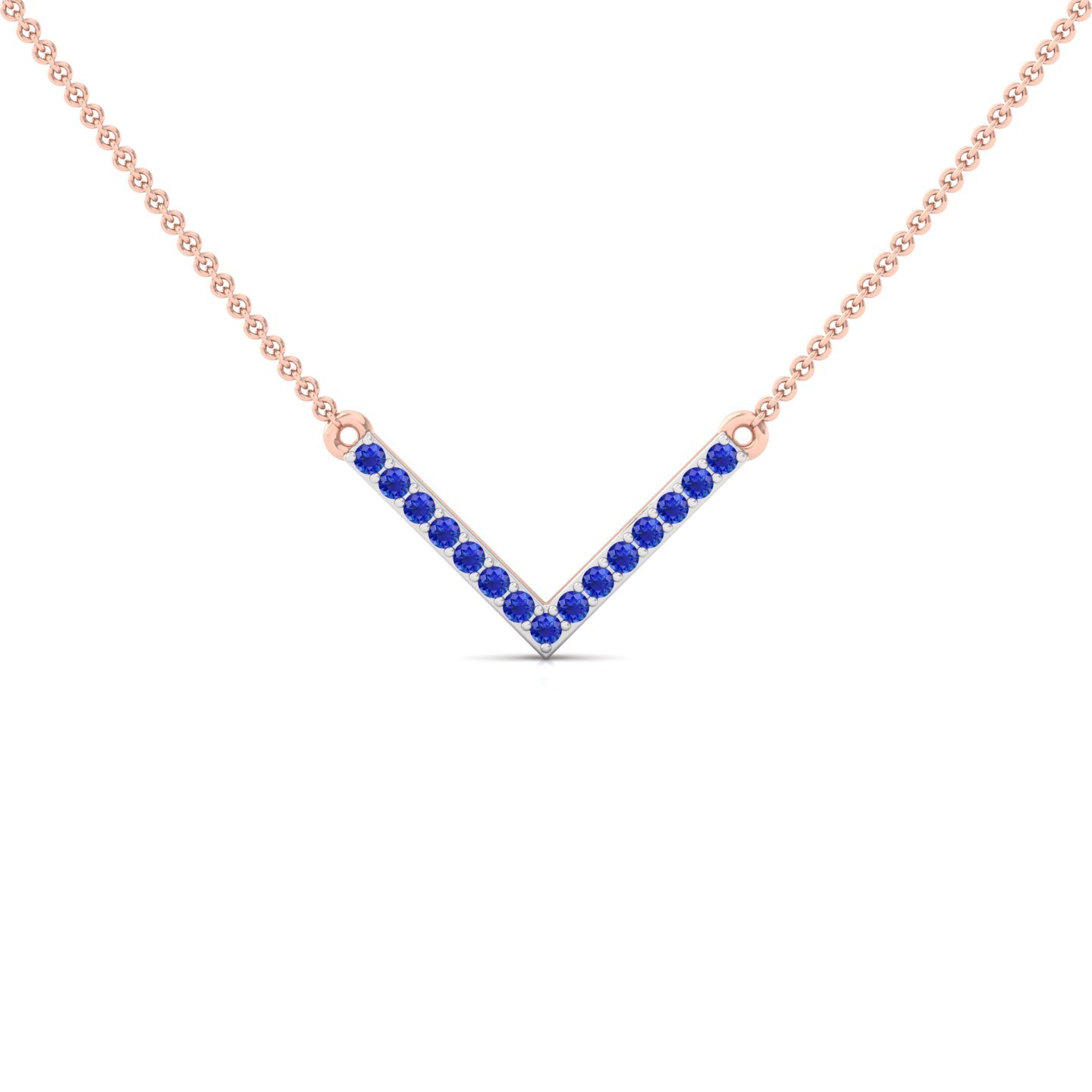 Round Cut Blue Sapphire V-Shape Pendant | Lab Grown Gemstone Necklace (Without Chain) | 925 Silver | 10K | 14K | 18K - Rose Gold Main View