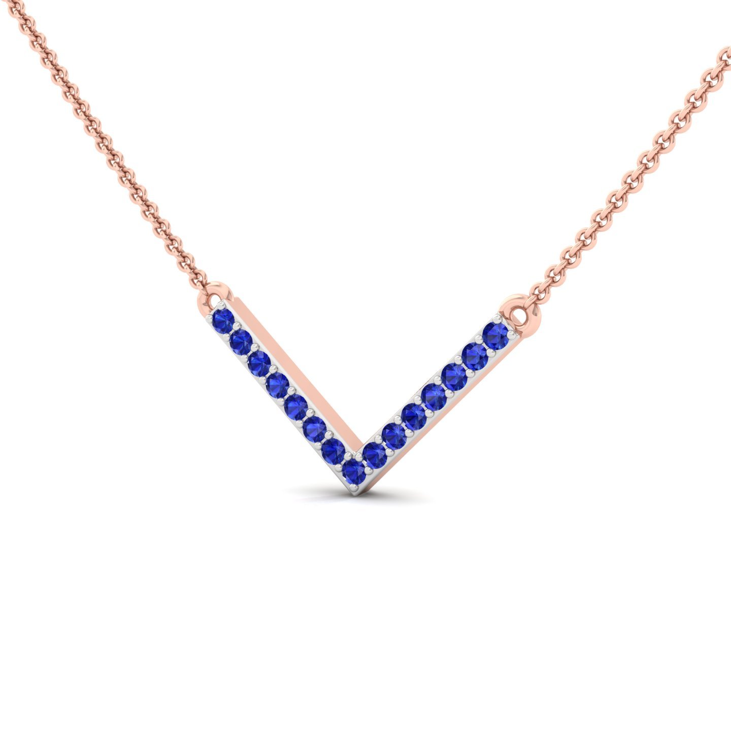 Round Cut Blue Sapphire V-Shape Pendant | Lab Grown Gemstone Necklace (Without Chain) | 925 Silver | 10K | 14K | 18K - View 2