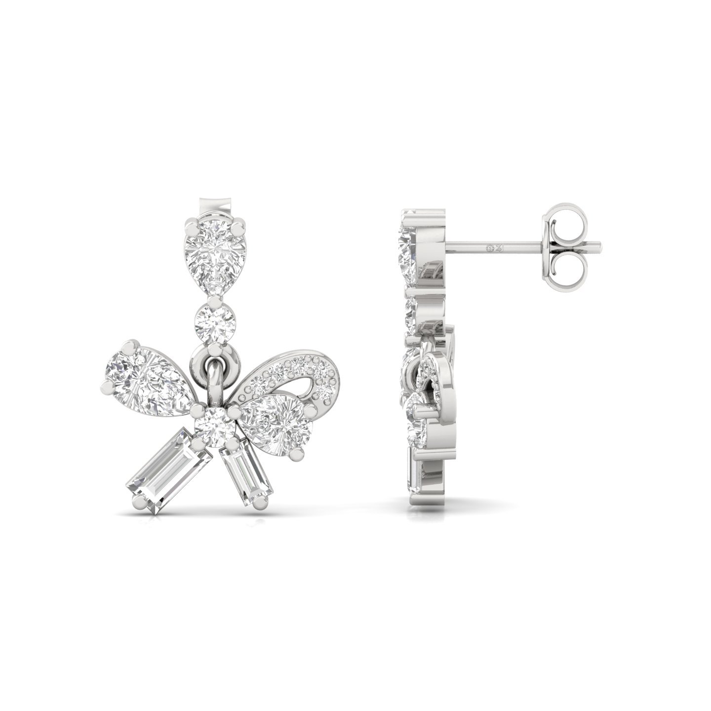 Diamond Bow Earrings (1 Pair) | Lab Grown CVD Diamond Cluster Earrings with Pear, Round & Baguette Cuts | 925 Silver | 10K | 14K | 18K - Main View