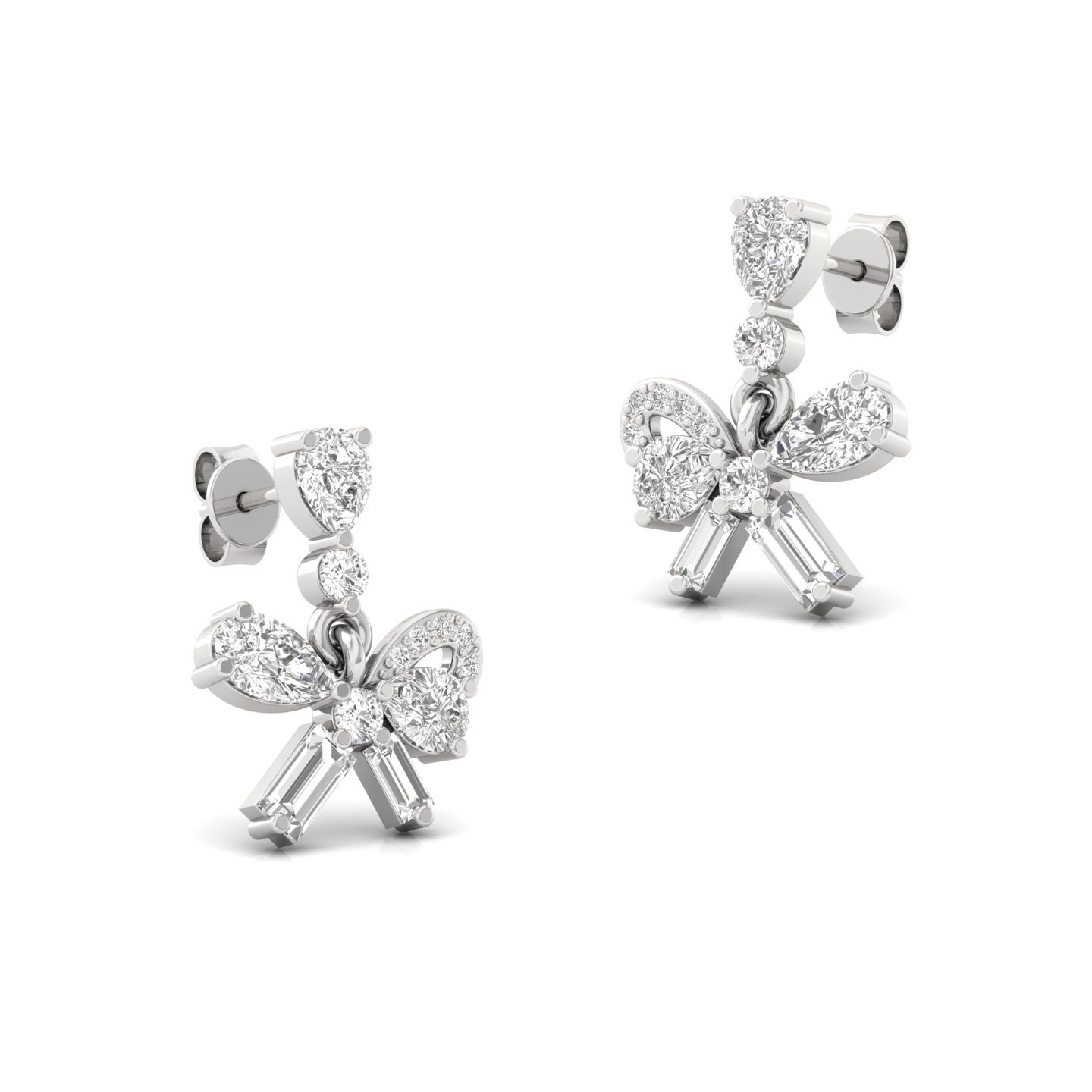 Diamond Bow Earrings (1 Pair) | Lab Grown CVD Diamond Cluster Earrings with Pear, Round & Baguette Cuts | 925 Silver | 10K | 14K | 18K - View 3