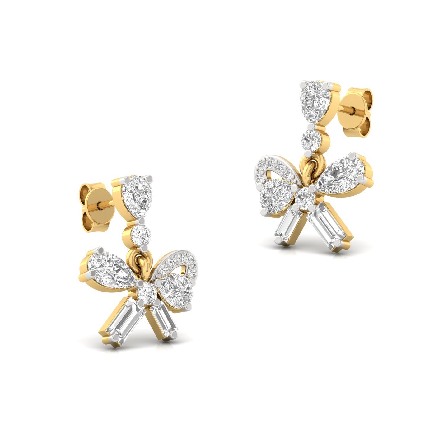 Diamond Bow Earrings (1 Pair) | Lab Grown CVD Diamond Cluster Earrings with Pear, Round & Baguette Cuts | 925 Silver | 10K | 14K | 18K - View 3