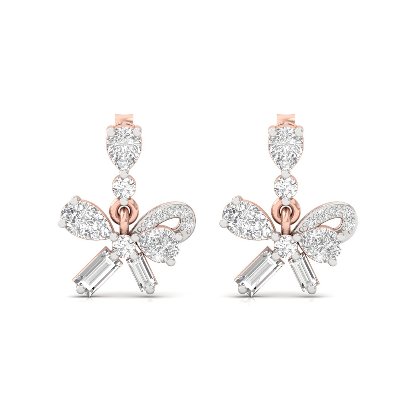 Diamond Bow Earrings (1 Pair) | Lab Grown CVD Diamond Cluster Earrings with Pear, Round & Baguette Cuts | 925 Silver | 10K | 14K | 18K - View 2