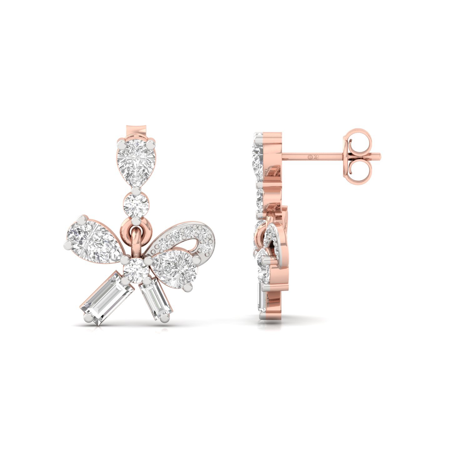 Diamond Bow Earrings (1 Pair) | Lab Grown CVD Diamond Cluster Earrings with Pear, Round & Baguette Cuts | 925 Silver | 10K | 14K | 18K - Rose Gold Main View