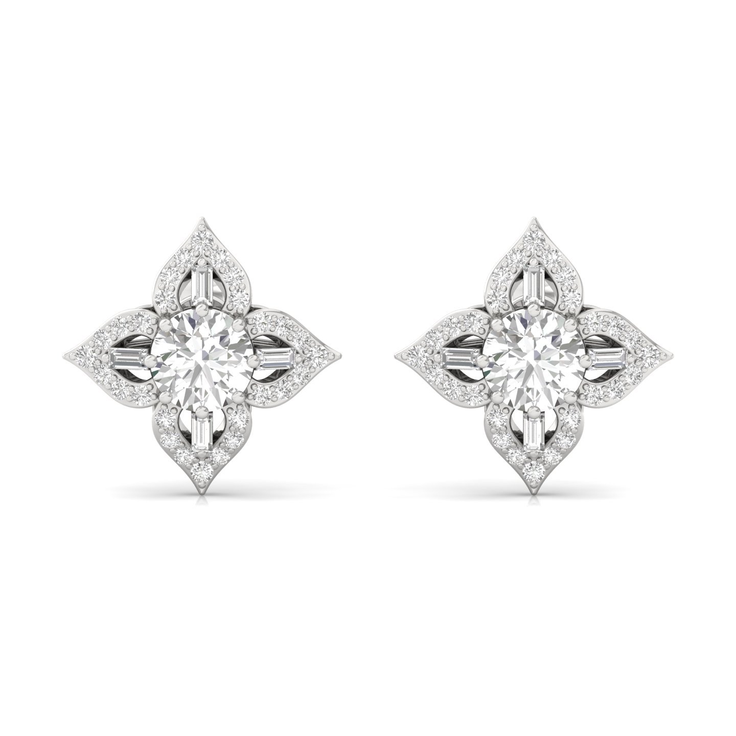 Floral Diamond Stud Earrings (1 Pair) | Lab Grown CVD Diamond Cluster Earrings with Round & Baguette Cuts | 925 Silver | 10K | 14K | 18K - View 2