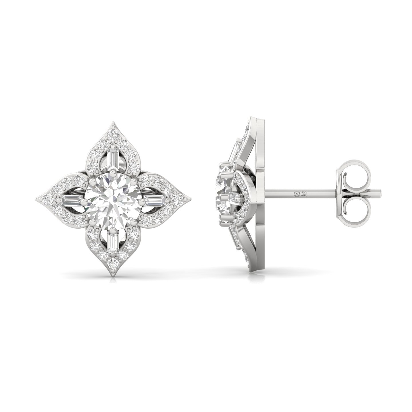 Floral Diamond Stud Earrings (1 Pair) | Lab Grown CVD Diamond Cluster Earrings with Round & Baguette Cuts | 925 Silver | 10K | 14K | 18K - Main View