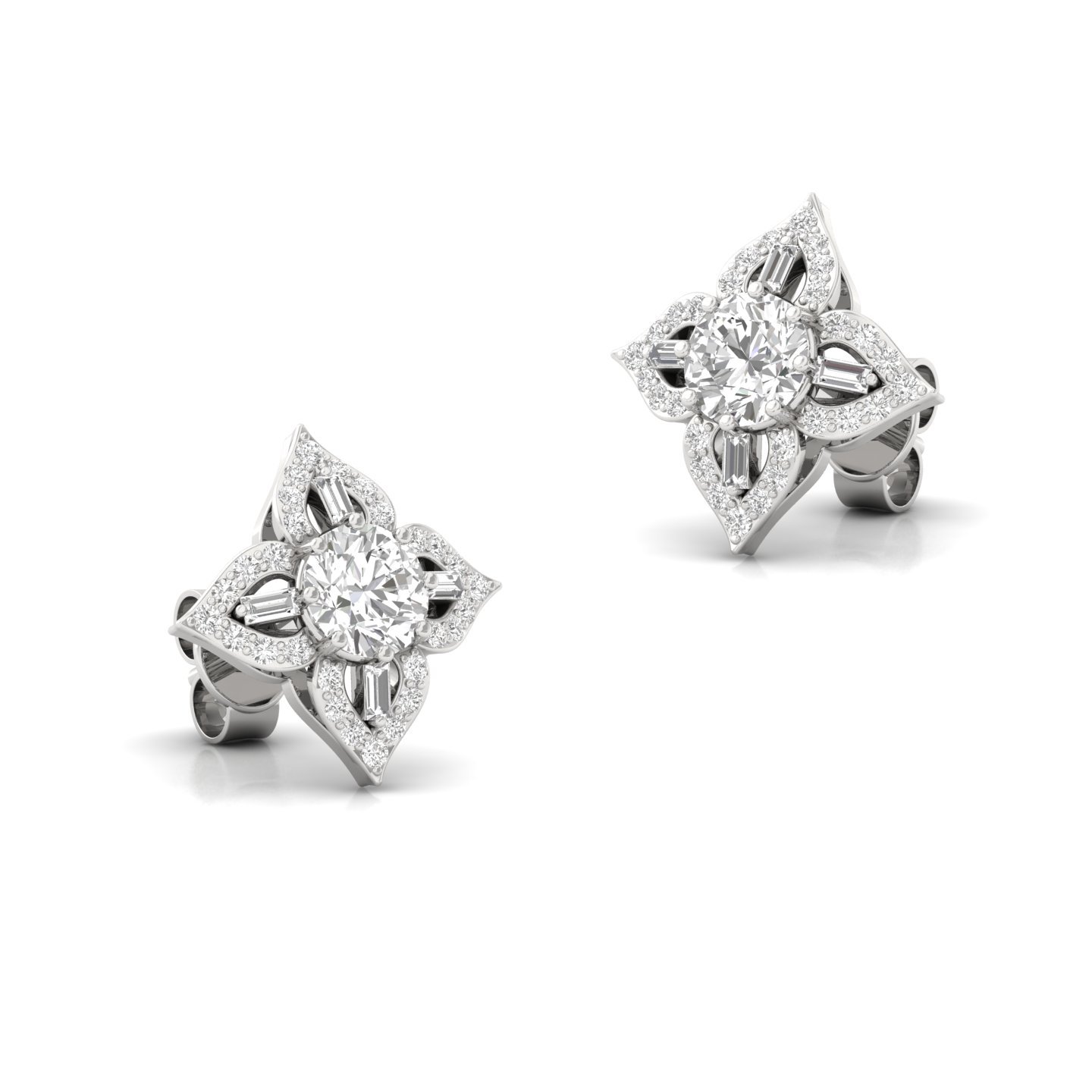 Floral Diamond Stud Earrings (1 Pair) | Lab Grown CVD Diamond Cluster Earrings with Round & Baguette Cuts | 925 Silver | 10K | 14K | 18K - View 3