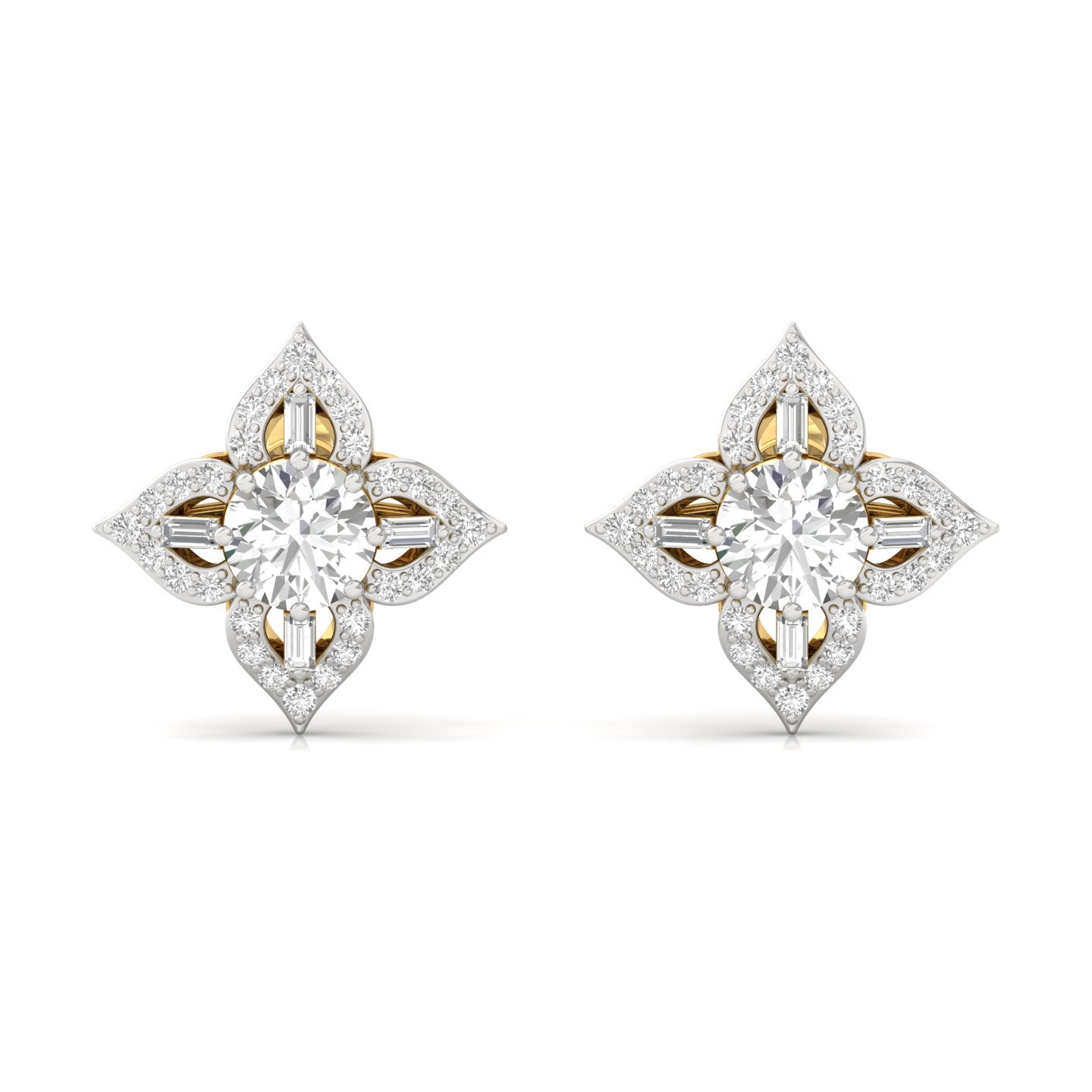 Floral Diamond Stud Earrings (1 Pair) | Lab Grown CVD Diamond Cluster Earrings with Round & Baguette Cuts | 925 Silver | 10K | 14K | 18K - View 2