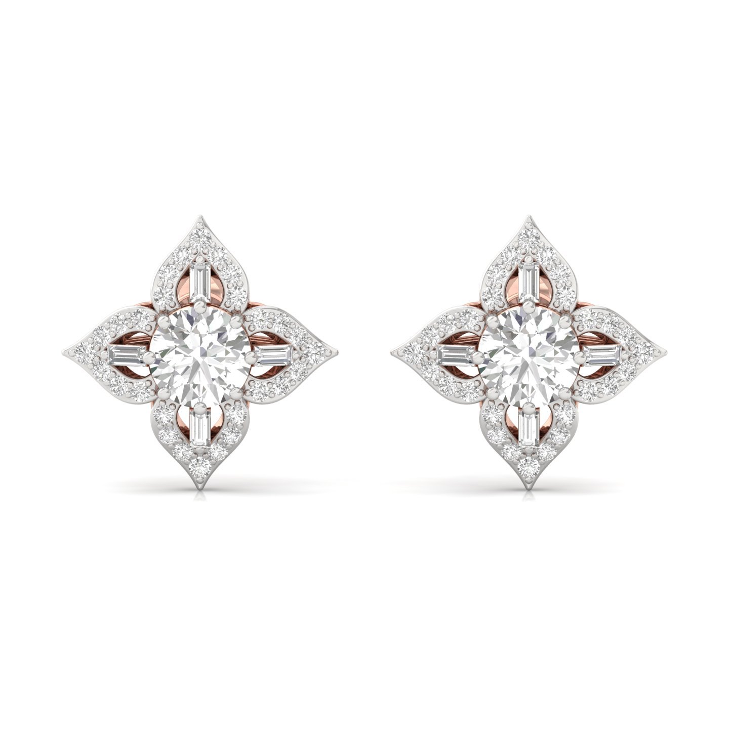 Floral Diamond Stud Earrings (1 Pair) | Lab Grown CVD Diamond Cluster Earrings with Round & Baguette Cuts | 925 Silver | 10K | 14K | 18K - View 2