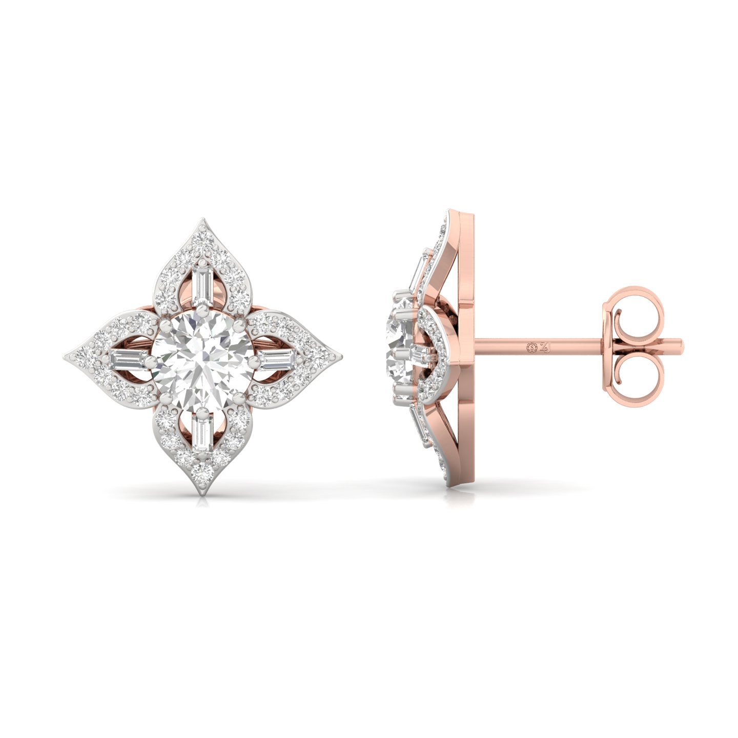 Floral Diamond Stud Earrings (1 Pair) | Lab Grown CVD Diamond Cluster Earrings with Round & Baguette Cuts | 925 Silver | 10K | 14K | 18K - Rose Gold Main View