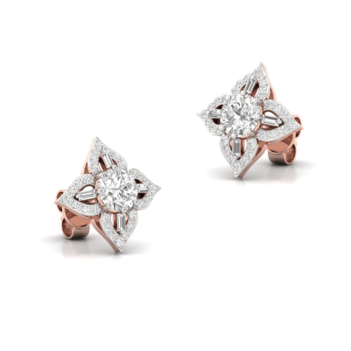 Floral Diamond Stud Earrings (1 Pair) | Lab Grown CVD Diamond Cluster Earrings with Round & Baguette Cuts | 925 Silver | 10K | 14K | 18K - View 3