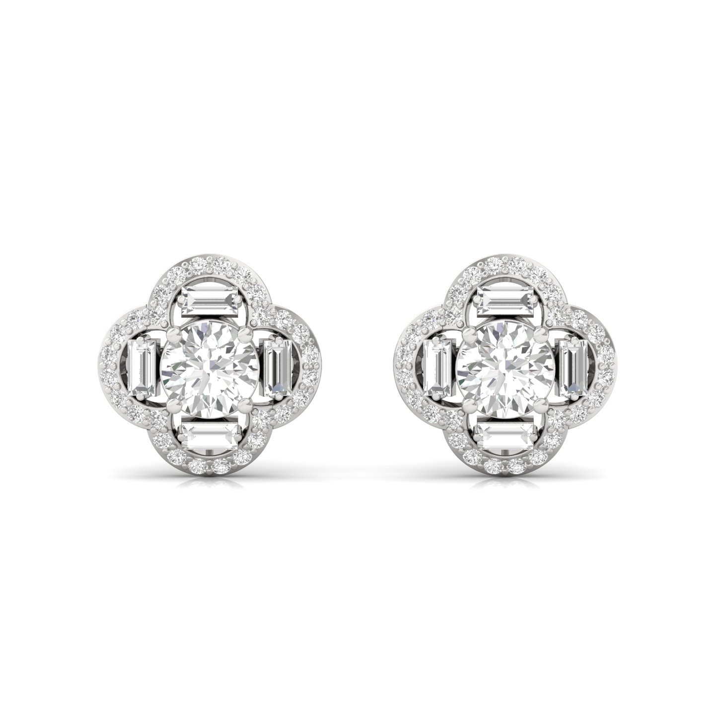 Round & Baguette Diamond Stud Earrings (1 Pair) | Lab Grown CVD Diamond Cluster Floral Studs | 925 Silver | 10K | 14K | 18K - View 2