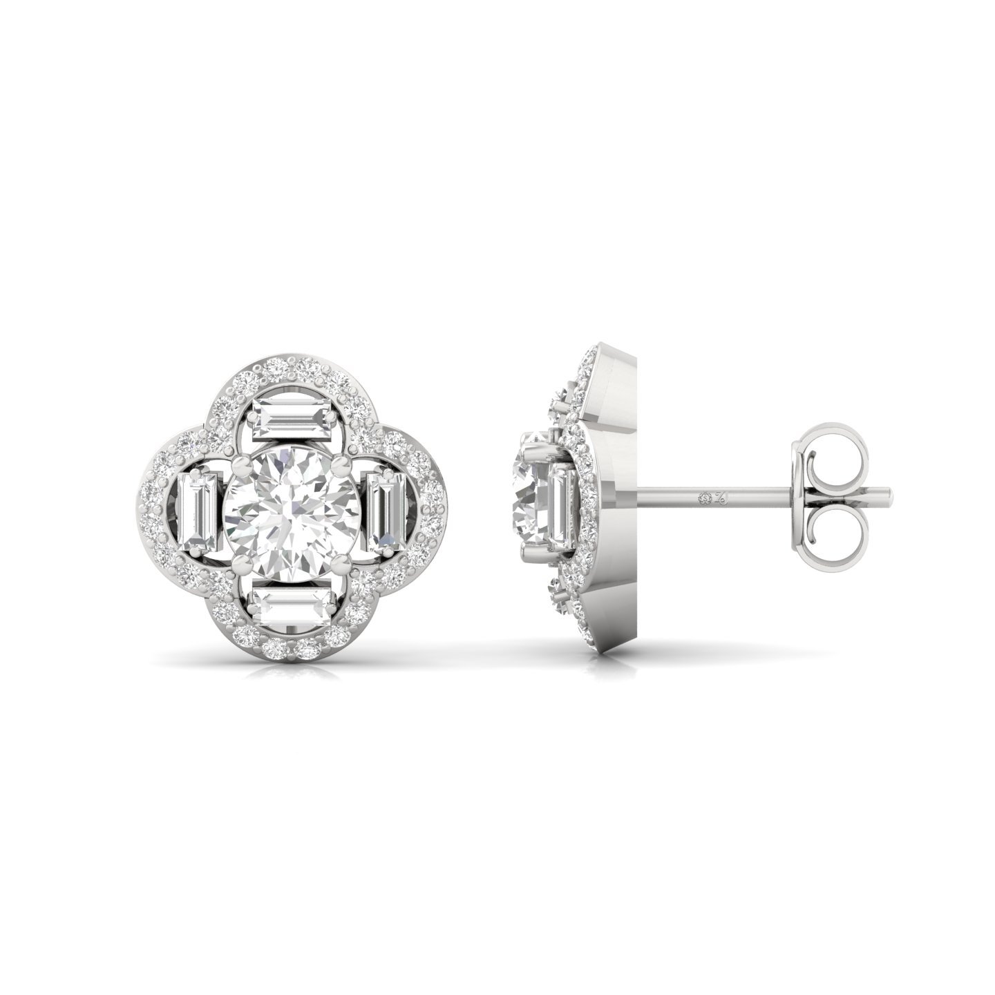Round & Baguette Diamond Stud Earrings (1 Pair) | Lab Grown CVD Diamond Cluster Floral Studs | 925 Silver | 10K | 14K | 18K - Main View