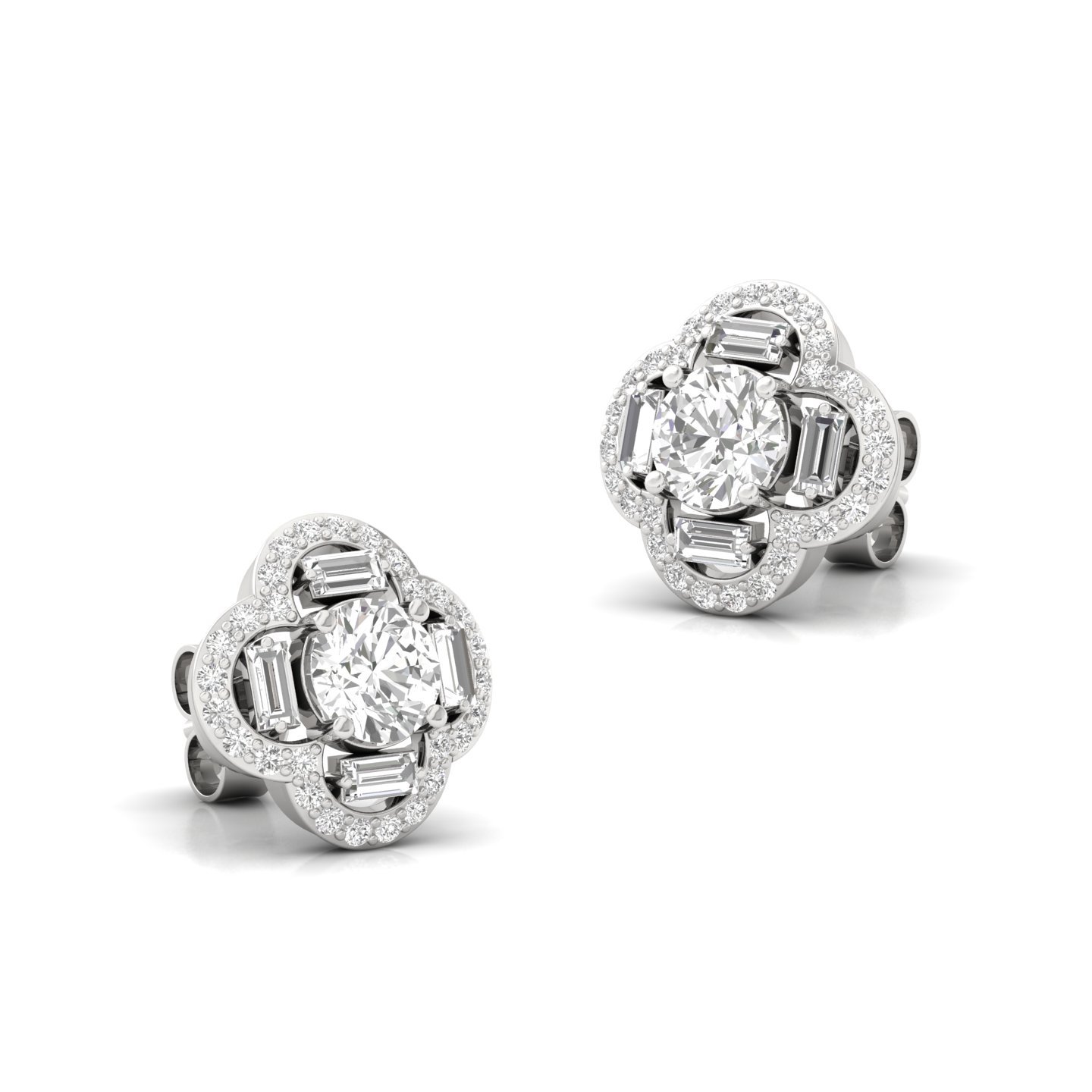 Round & Baguette Diamond Stud Earrings (1 Pair) | Lab Grown CVD Diamond Cluster Floral Studs | 925 Silver | 10K | 14K | 18K - View 3