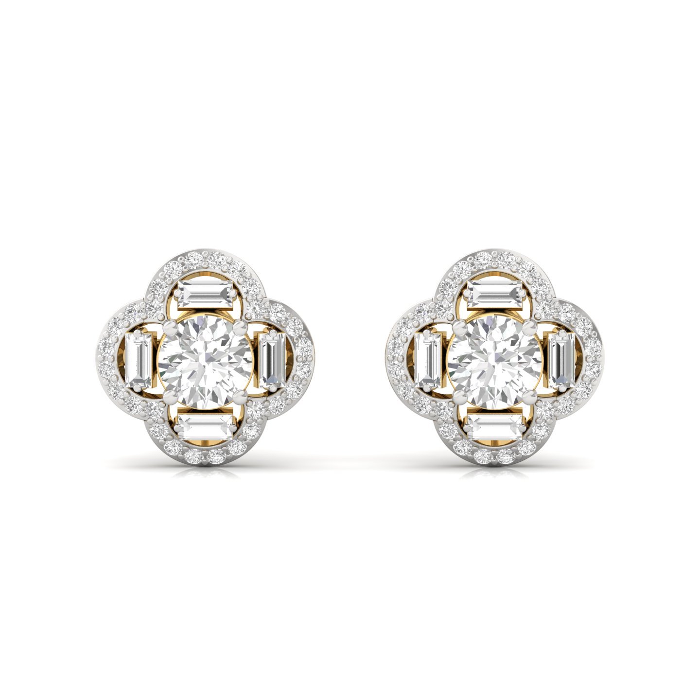 Round & Baguette Diamond Stud Earrings (1 Pair) | Lab Grown CVD Diamond Cluster Floral Studs | 925 Silver | 10K | 14K | 18K - View 2