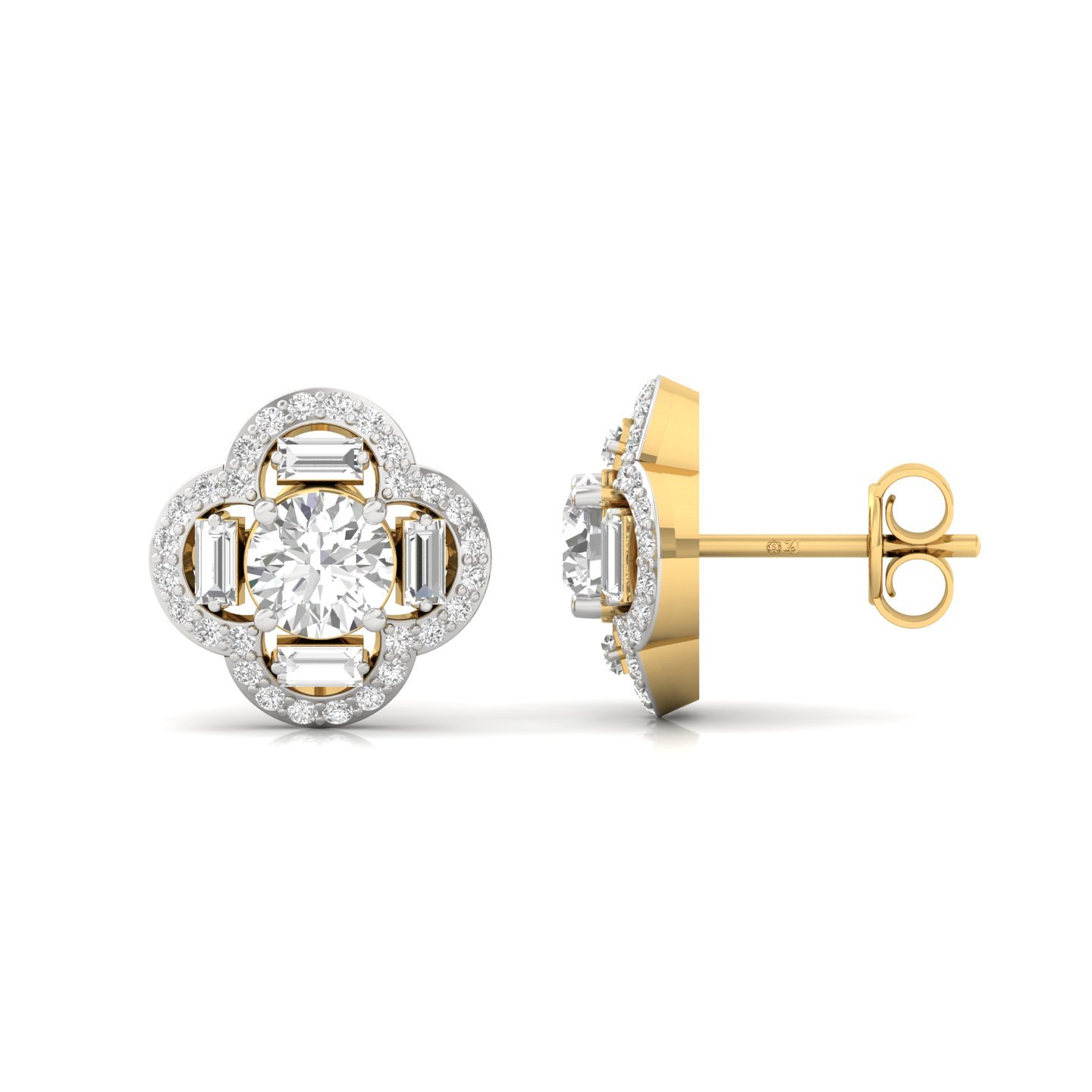Round & Baguette Diamond Stud Earrings (1 Pair) | Lab Grown CVD Diamond Cluster Floral Studs | 925 Silver | 10K | 14K | 18K - Gold Main View