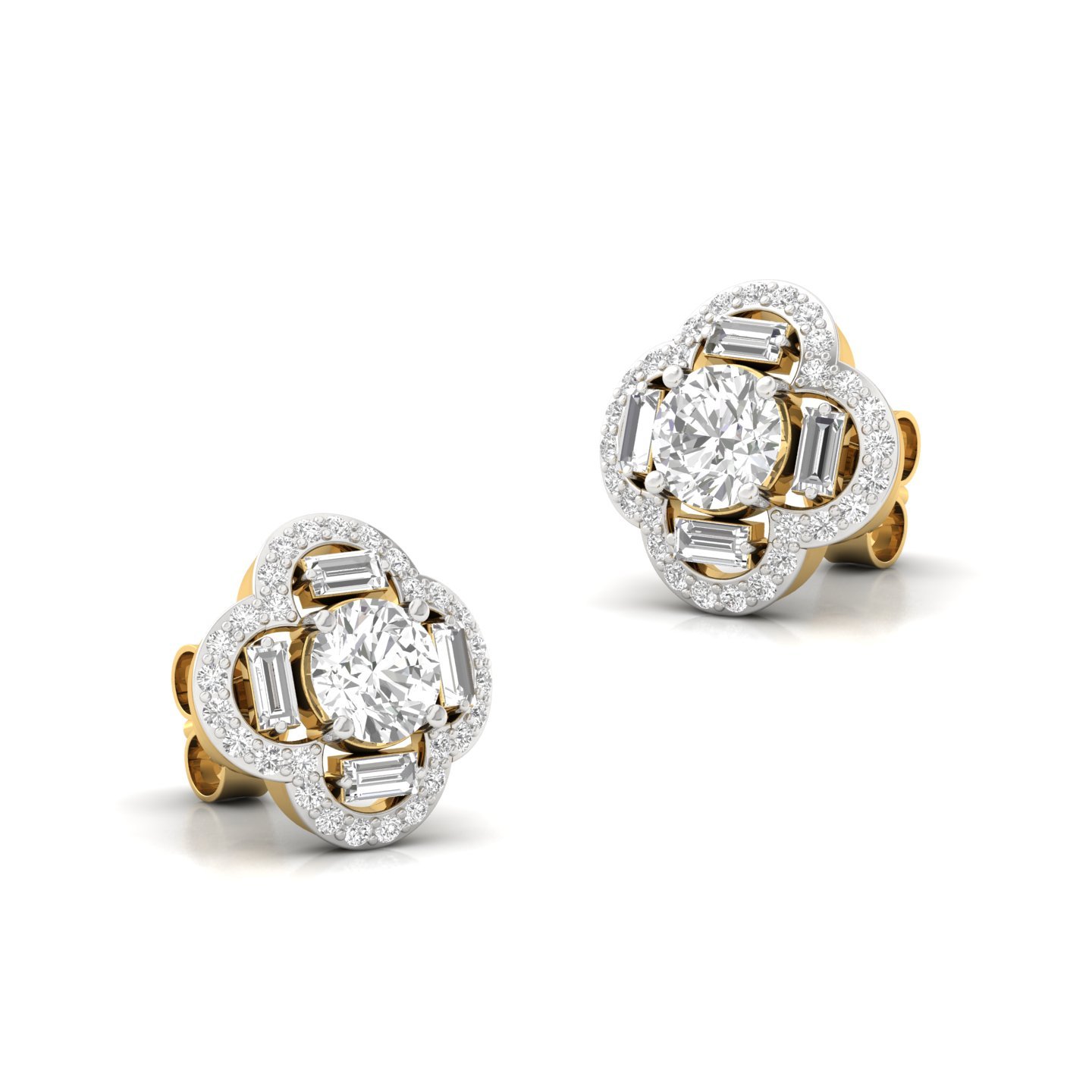 Round & Baguette Diamond Stud Earrings (1 Pair) | Lab Grown CVD Diamond Cluster Floral Studs | 925 Silver | 10K | 14K | 18K - View 3
