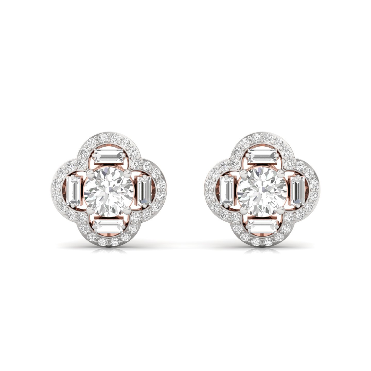 Round & Baguette Diamond Stud Earrings (1 Pair) | Lab Grown CVD Diamond Cluster Floral Studs | 925 Silver | 10K | 14K | 18K - View 2
