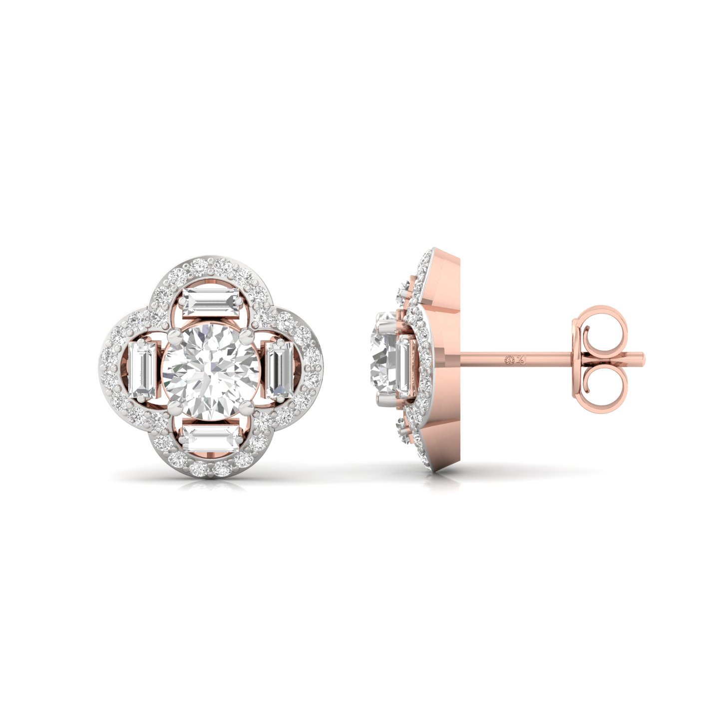 Round & Baguette Diamond Stud Earrings (1 Pair) | Lab Grown CVD Diamond Cluster Floral Studs | 925 Silver | 10K | 14K | 18K - Rose Gold Main View